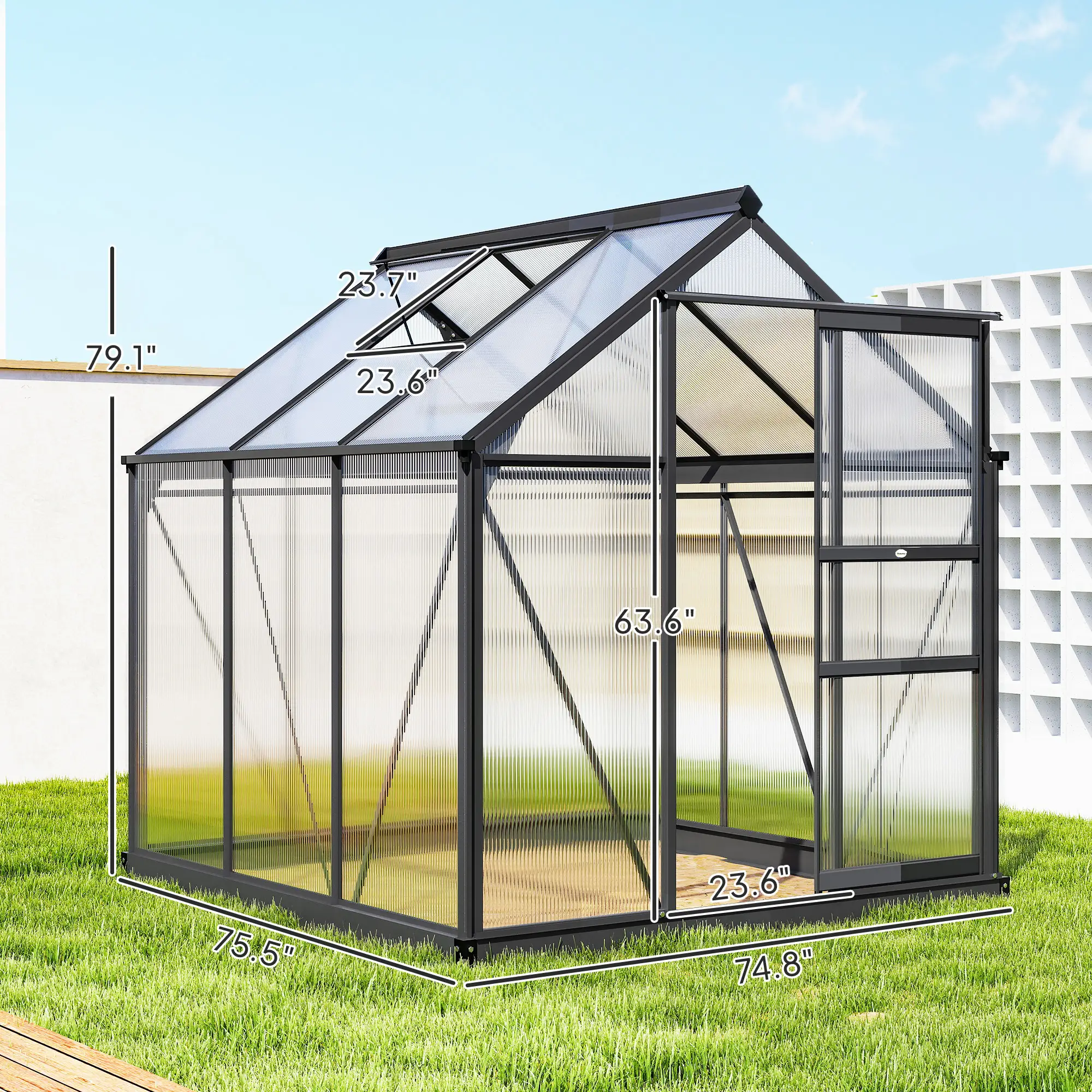 Outsunny 6 x 6ft Polycarbonate Greenhouse, Grey - Image 3