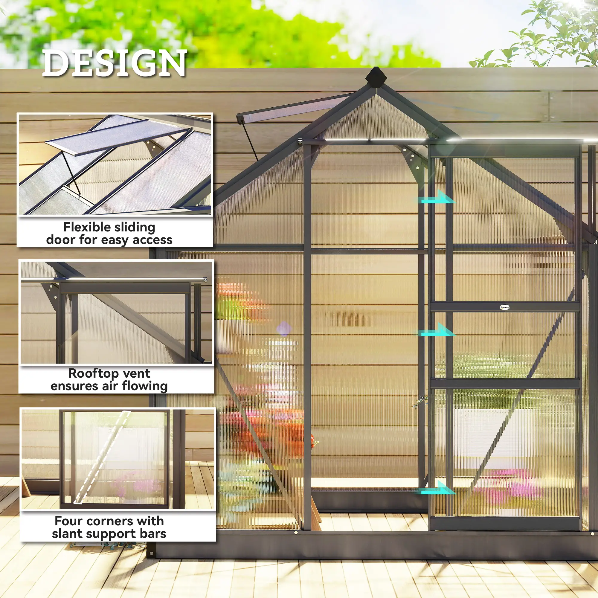 Outsunny 6 x 6ft Polycarbonate Greenhouse, Grey - Image 4