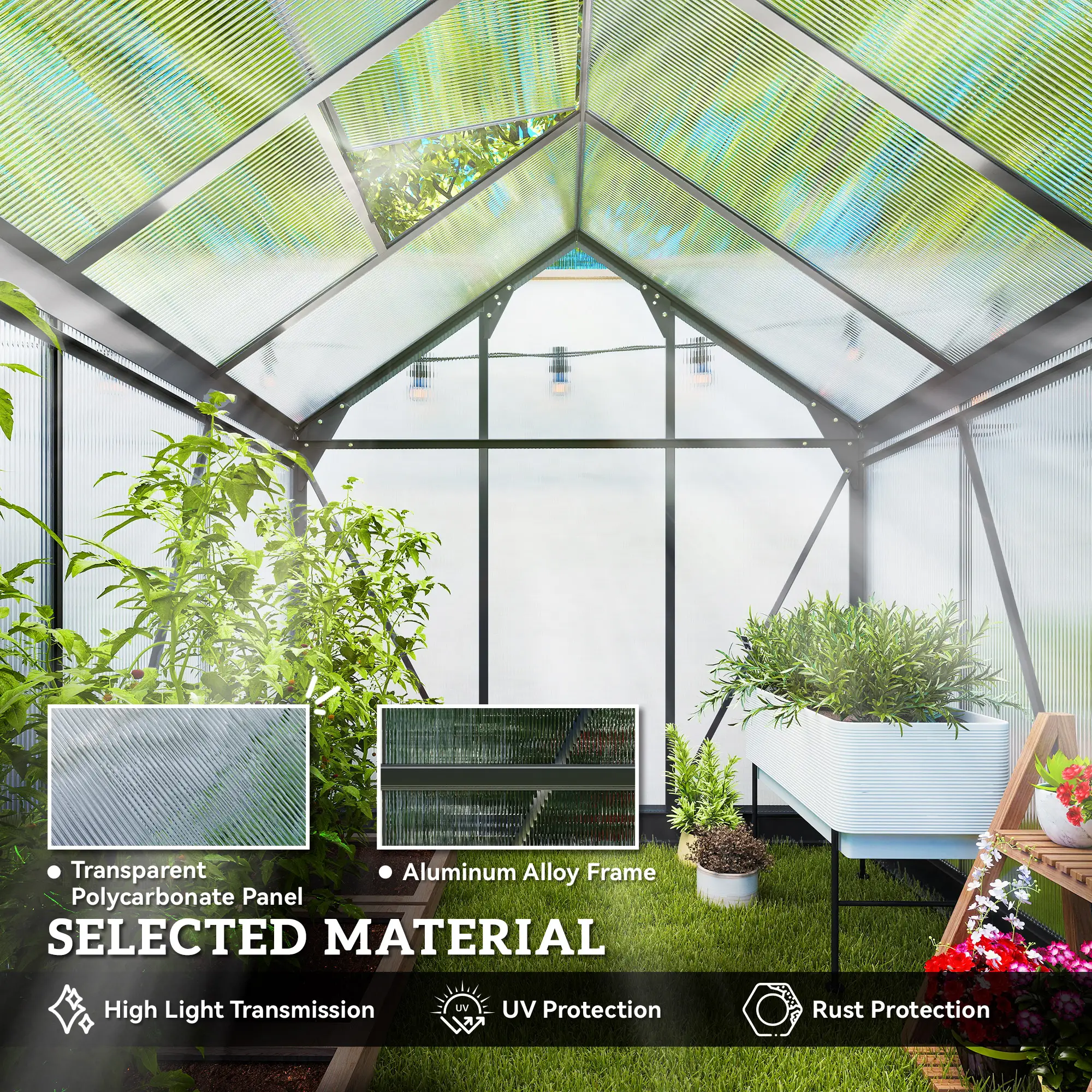 Outsunny 6 x 6ft Polycarbonate Greenhouse, Grey - Image 5