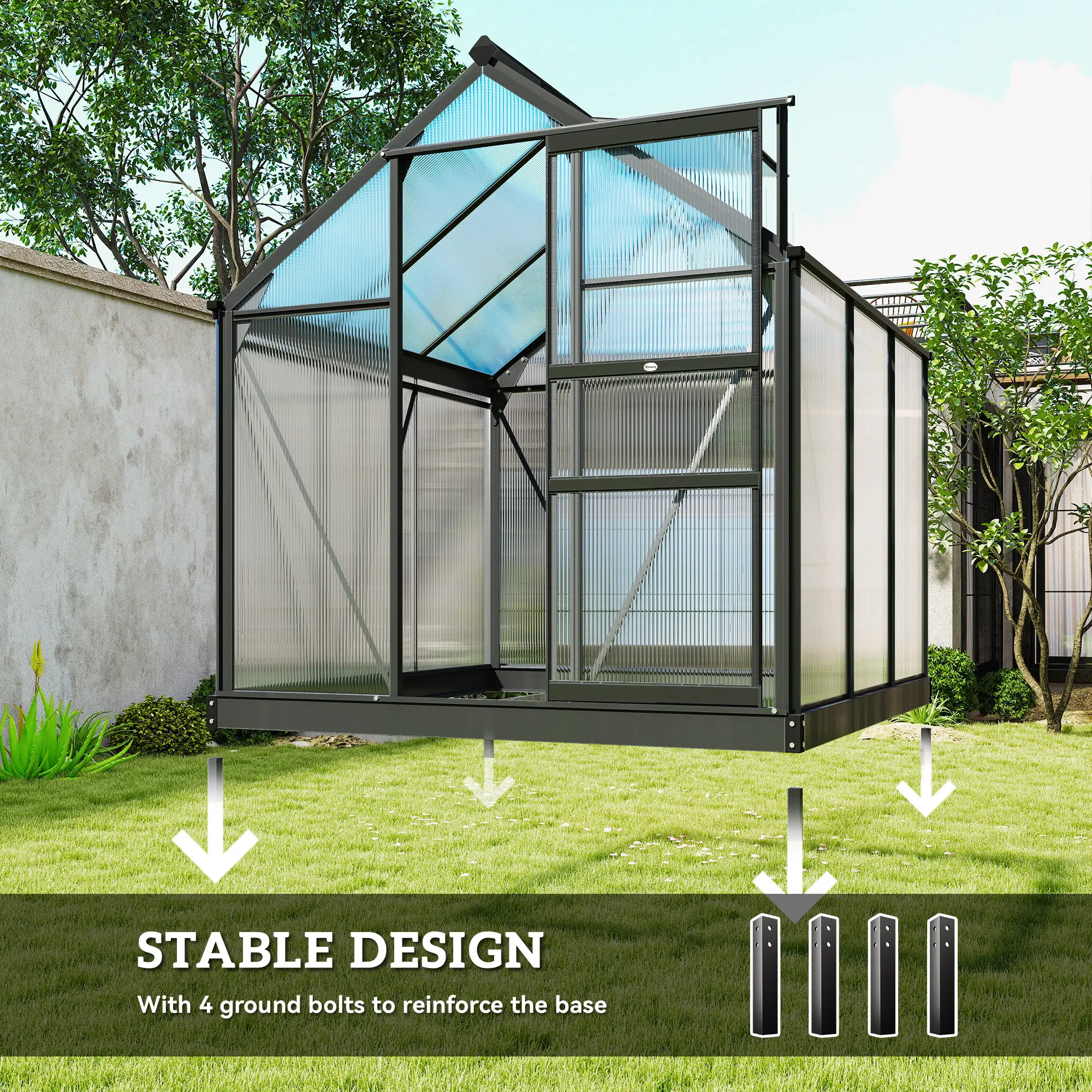 Outsunny 6 x 6ft Polycarbonate Greenhouse, Grey - Image 6