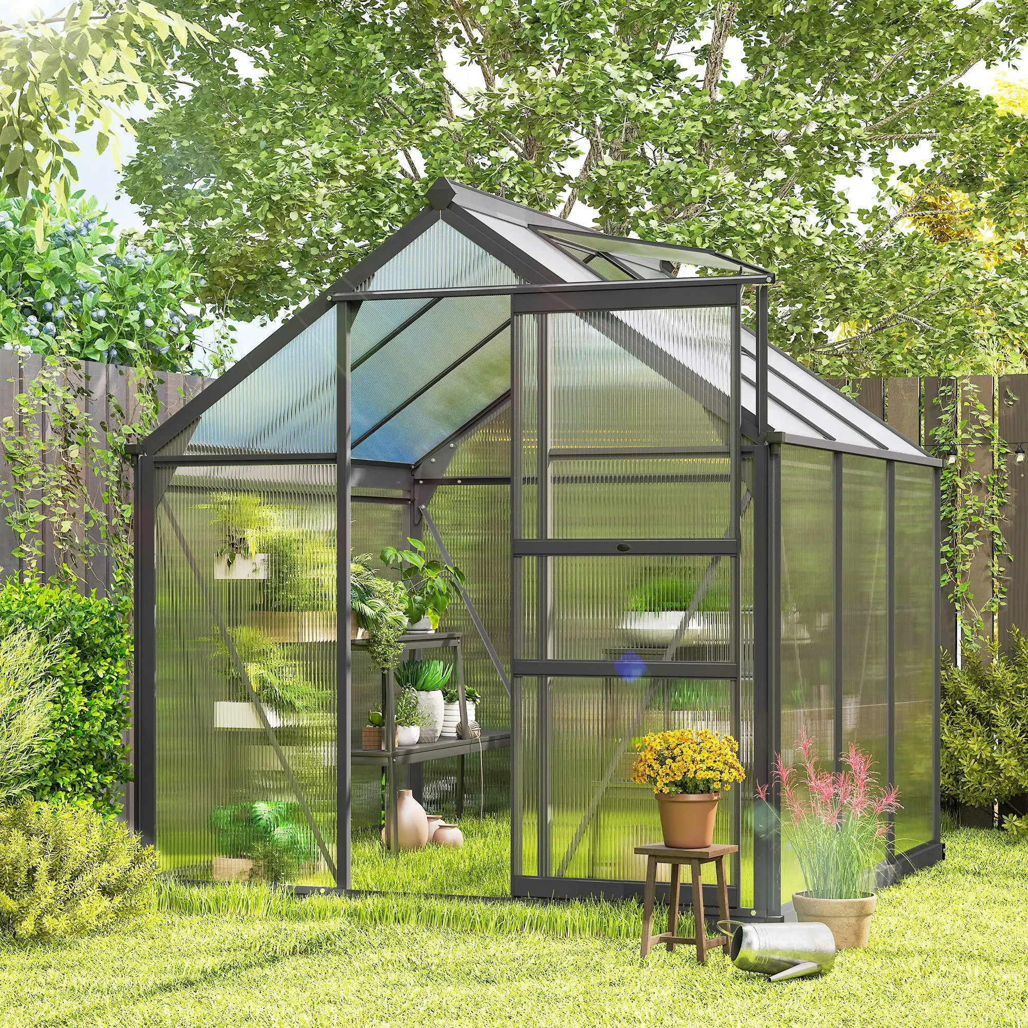 Outsunny 6 x 6ft Polycarbonate Greenhouse, Grey - Image 8
