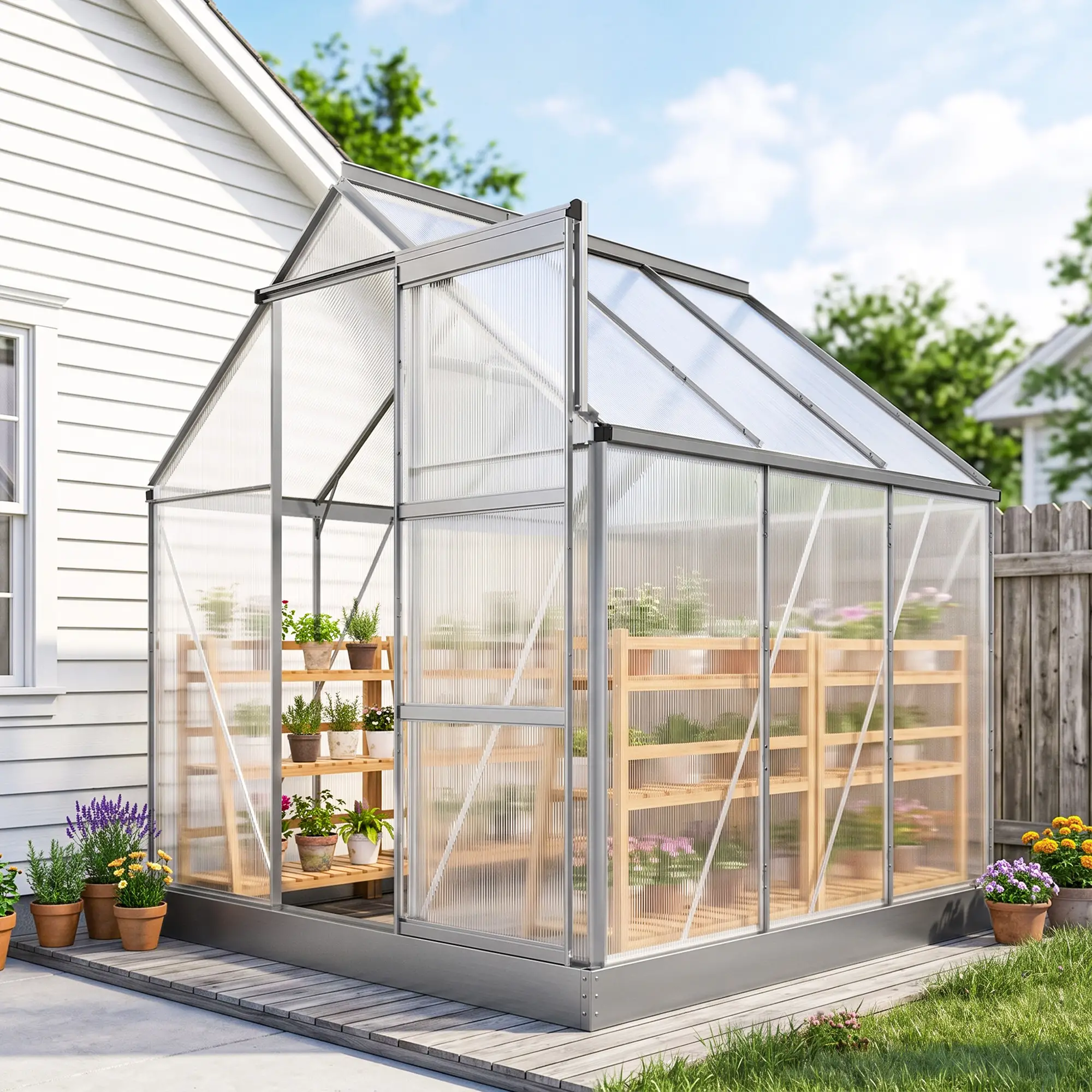Outsunny 6 x 6ft Polycarbonate Greenhouse, Silver - Image 2