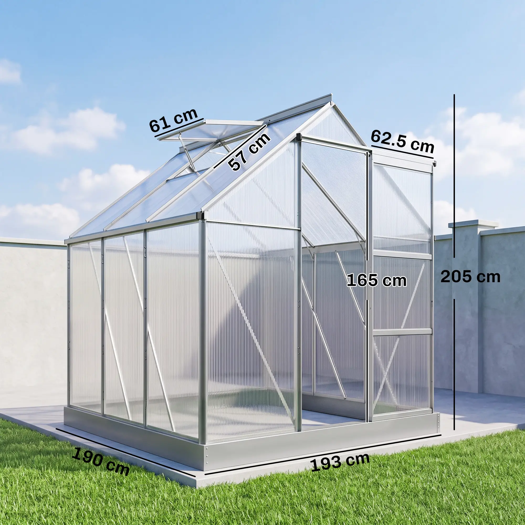 Outsunny 6 x 6ft Polycarbonate Greenhouse, Silver - Image 3