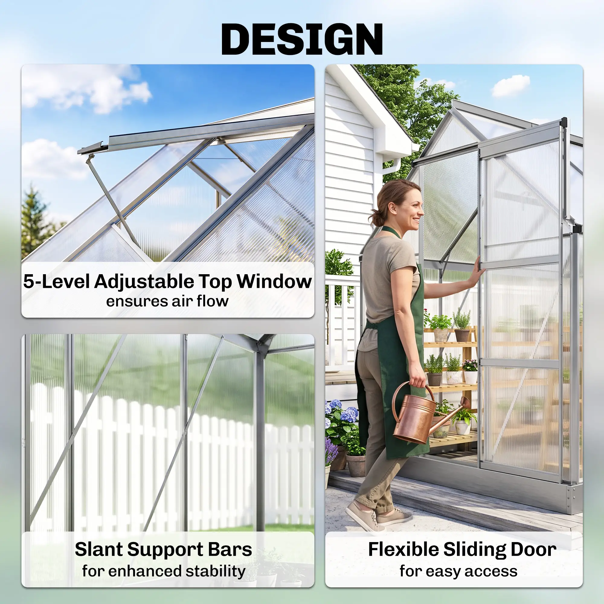 Outsunny 6 x 6ft Polycarbonate Greenhouse, Silver - Image 4