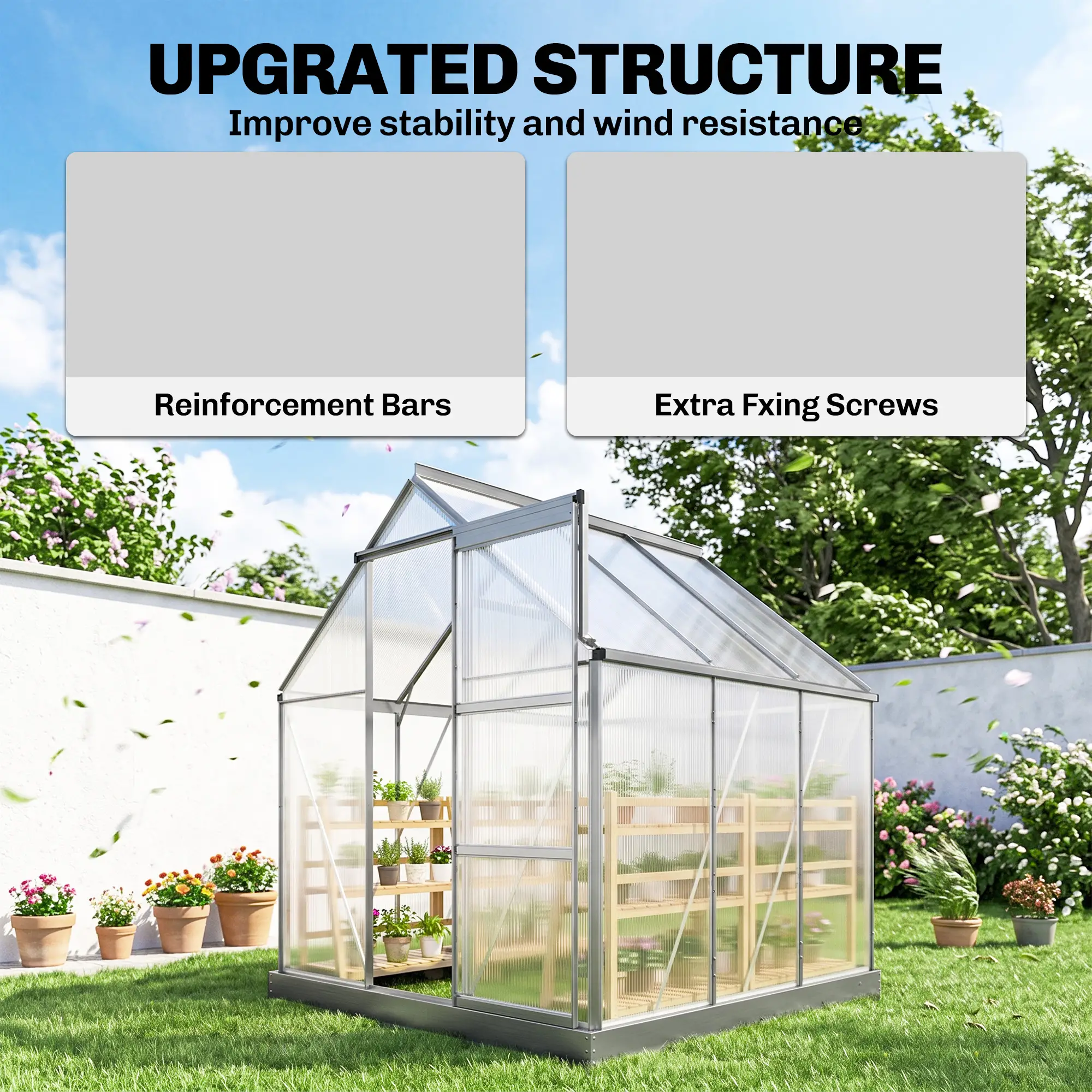 Outsunny 6 x 6ft Polycarbonate Greenhouse, Silver - Image 6