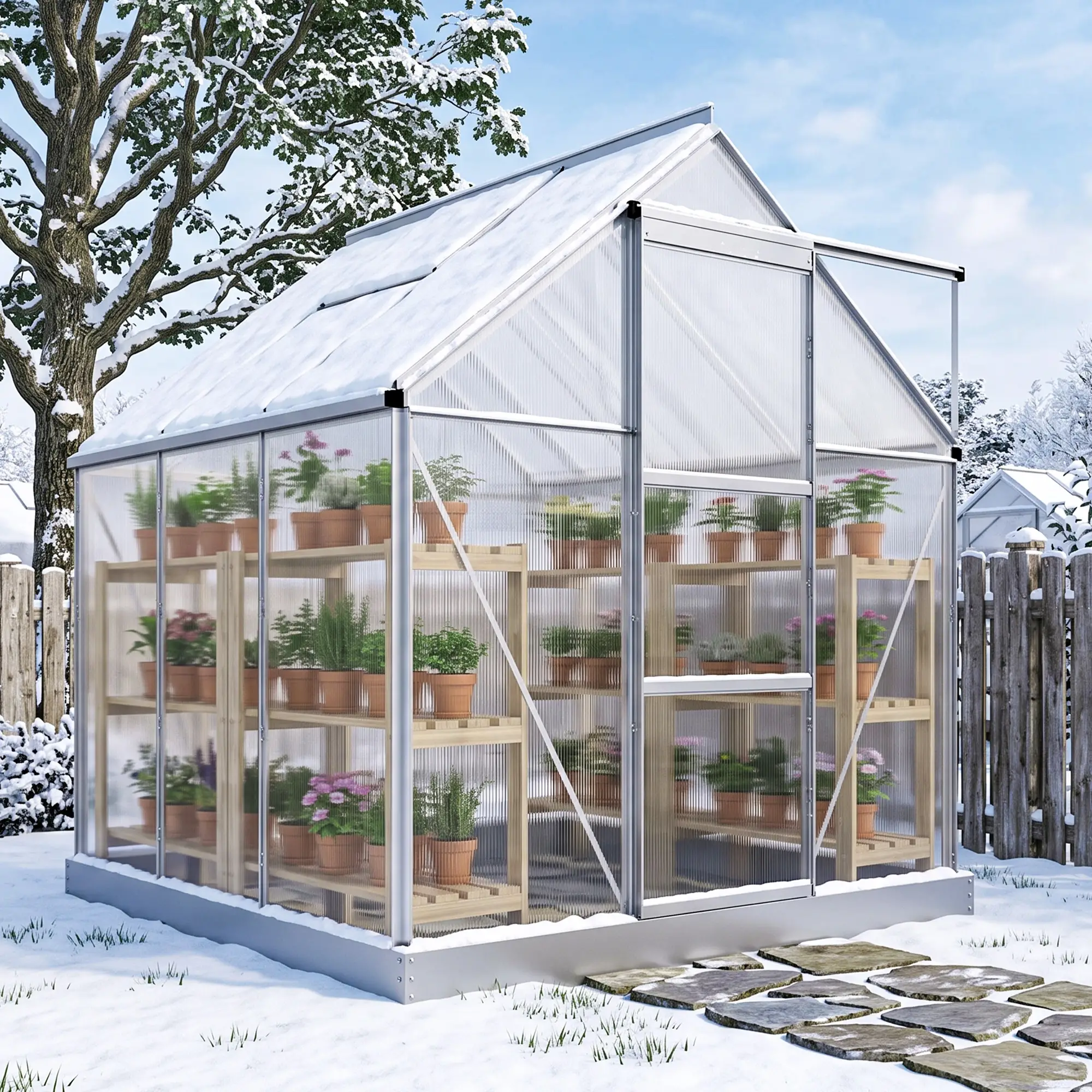 Outsunny 6 x 6ft Polycarbonate Greenhouse, Silver - Image 8