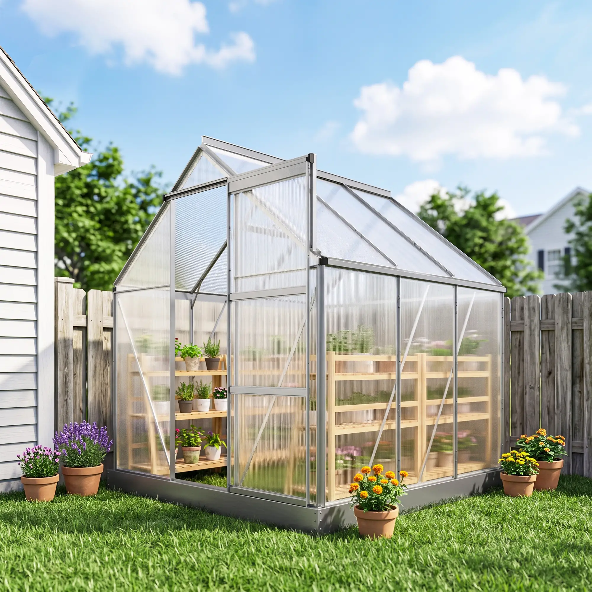 Outsunny 6 x 6ft Polycarbonate Greenhouse, Silver - Image 9
