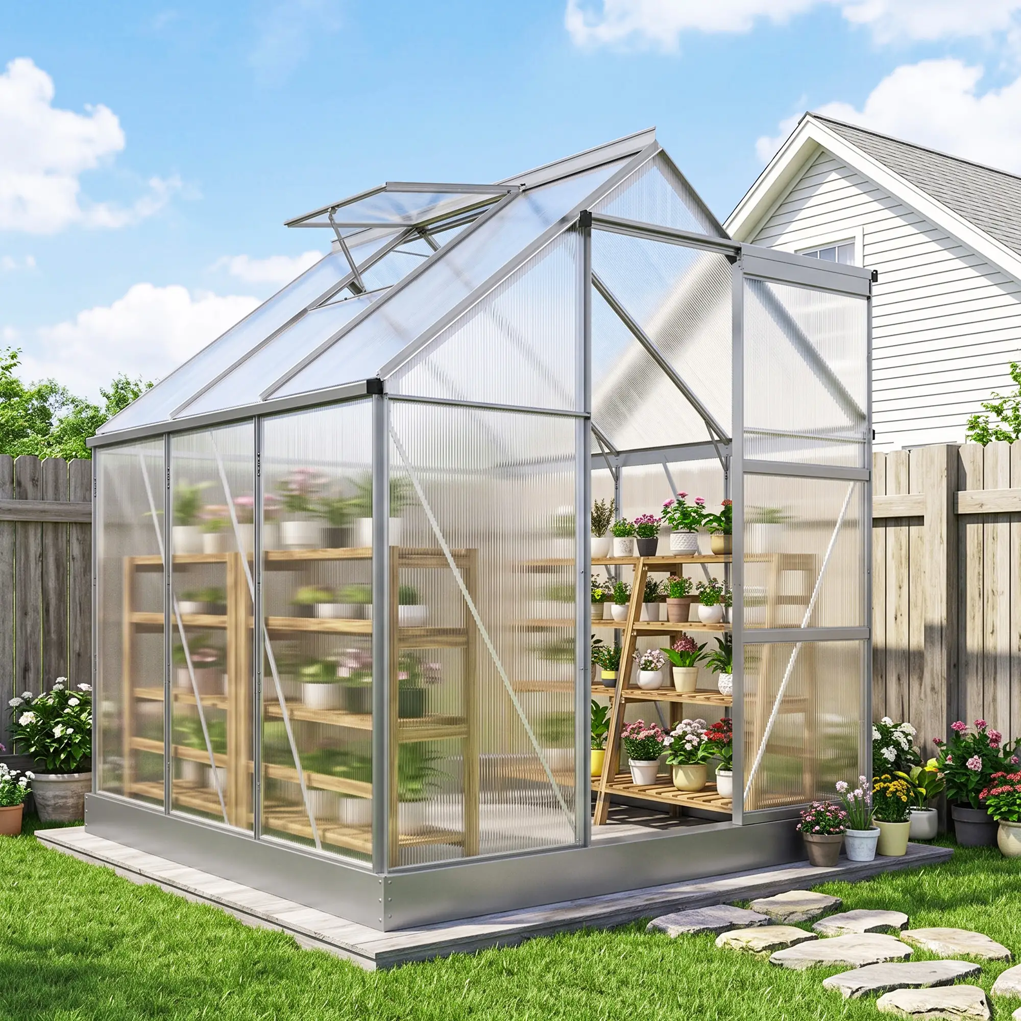 Outsunny 6 x 6ft Polycarbonate Greenhouse, Silver - Image 14