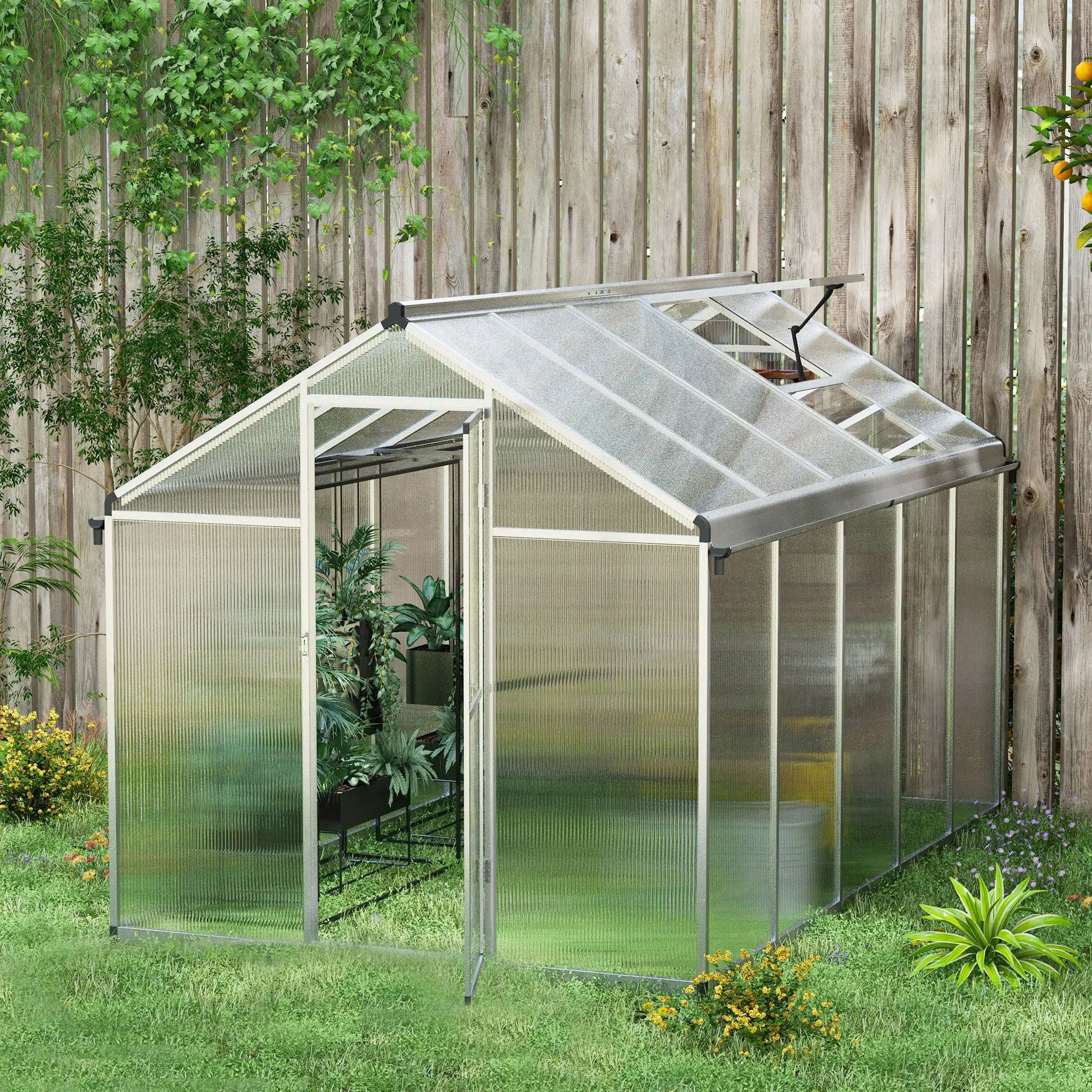Outsunny 10 x 6ft Polycarbonate Greenhouse, Silver - Image 2