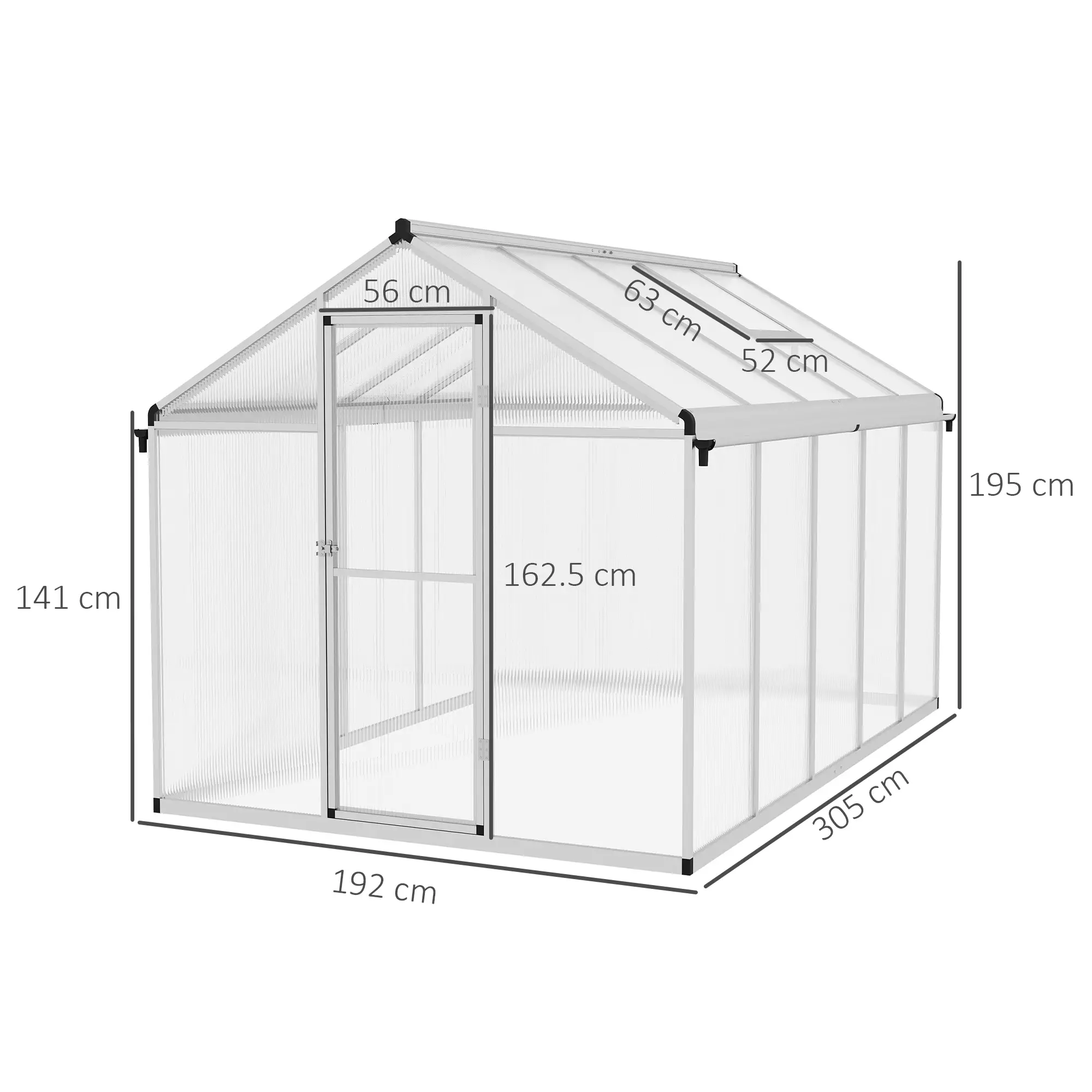 Outsunny 10 x 6ft Polycarbonate Greenhouse, Silver - Image 3