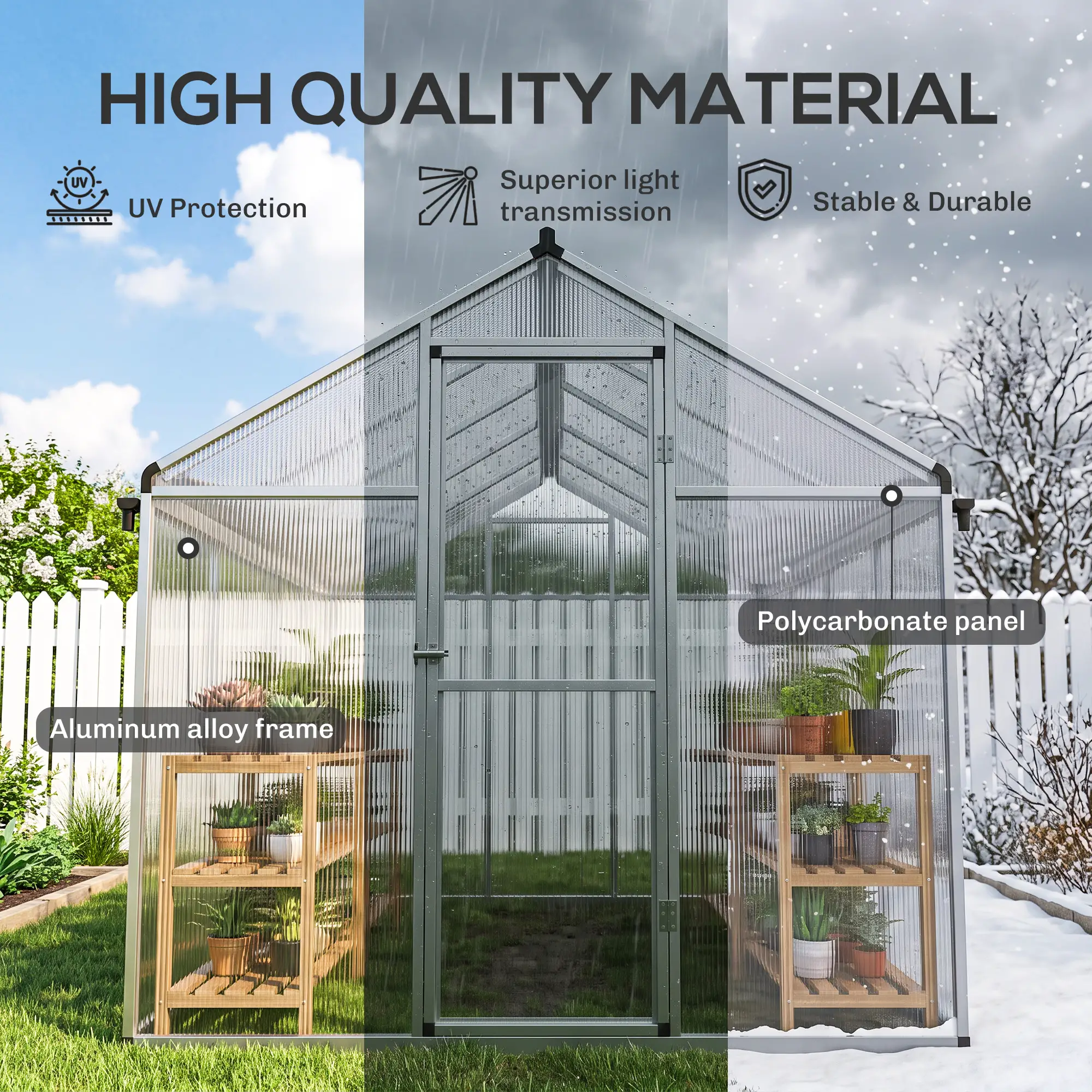 Outsunny 10 x 6ft Polycarbonate Greenhouse, Silver - Image 4