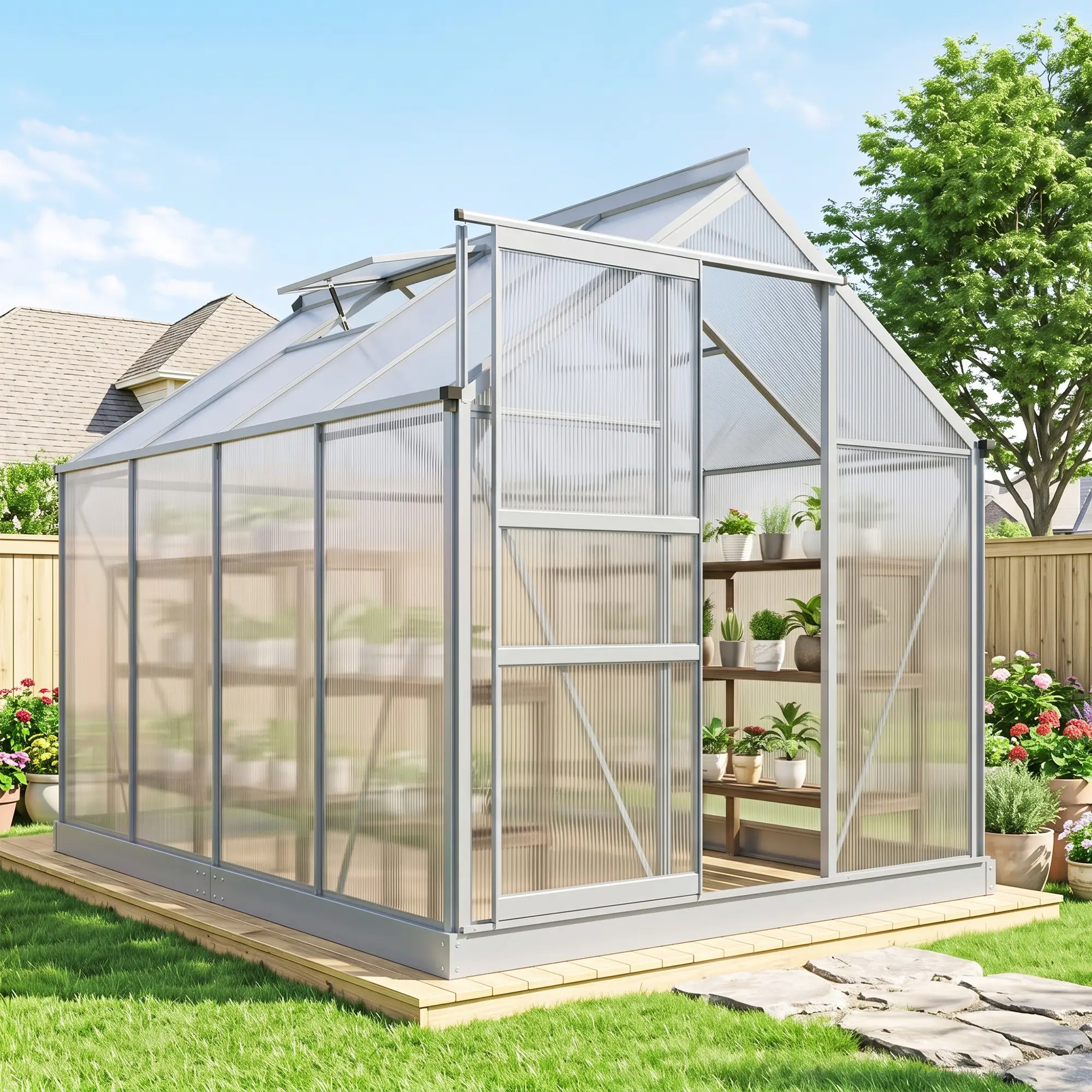 Outsunny 190 x 253cm Polycarbonate Greenhouse, Silver - Image 2