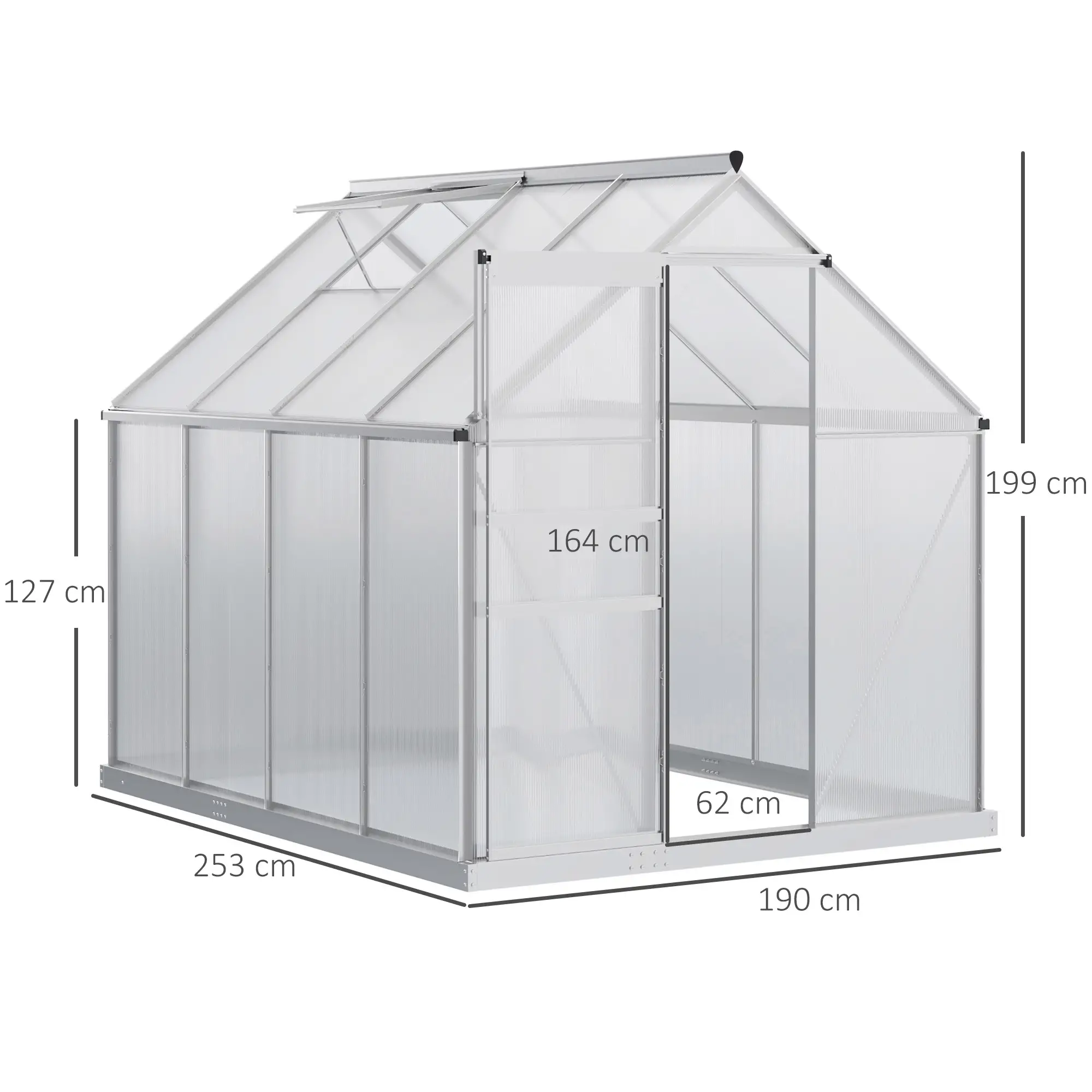 Outsunny 190 x 253cm Polycarbonate Greenhouse, Silver - Image 3