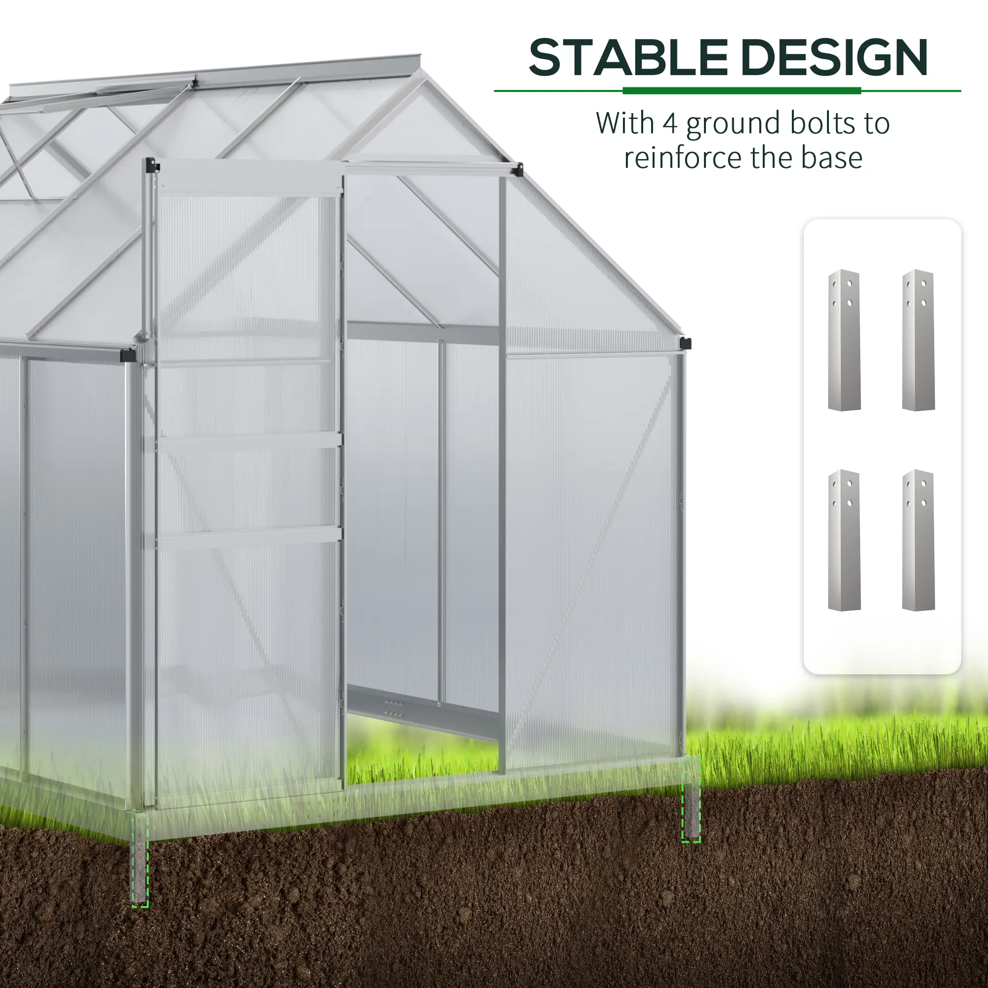 Outsunny 190 x 253cm Polycarbonate Greenhouse, Silver - Image 5