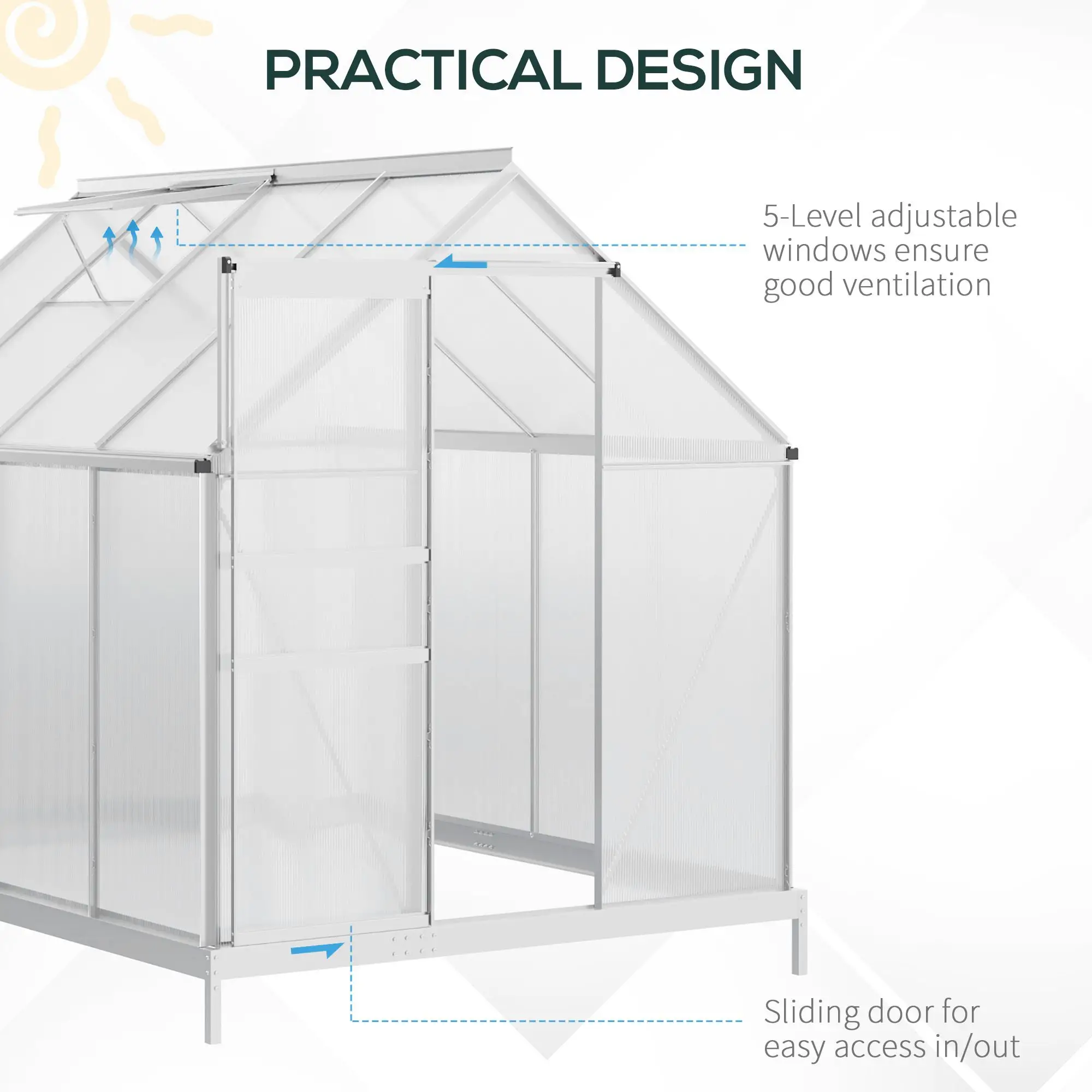 Outsunny 190 x 253cm Polycarbonate Greenhouse, Silver - Image 6
