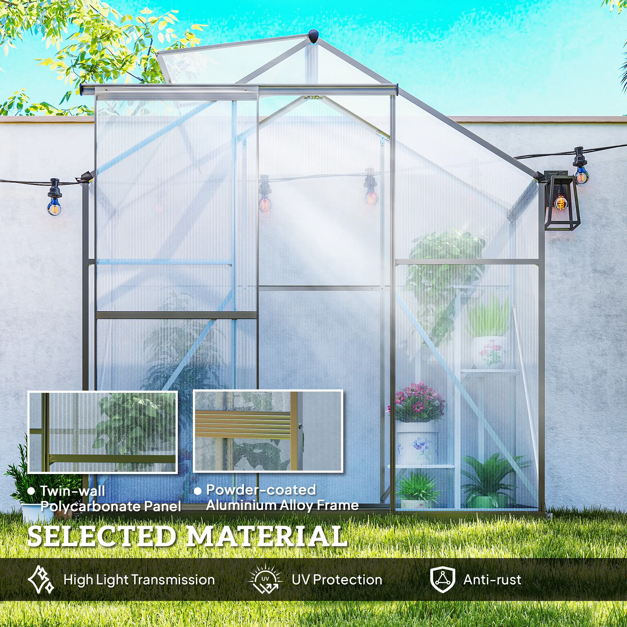 Outsunny 6 x 2.5ft Polycarbonate Greenhouse, Dark Grey - Image 4