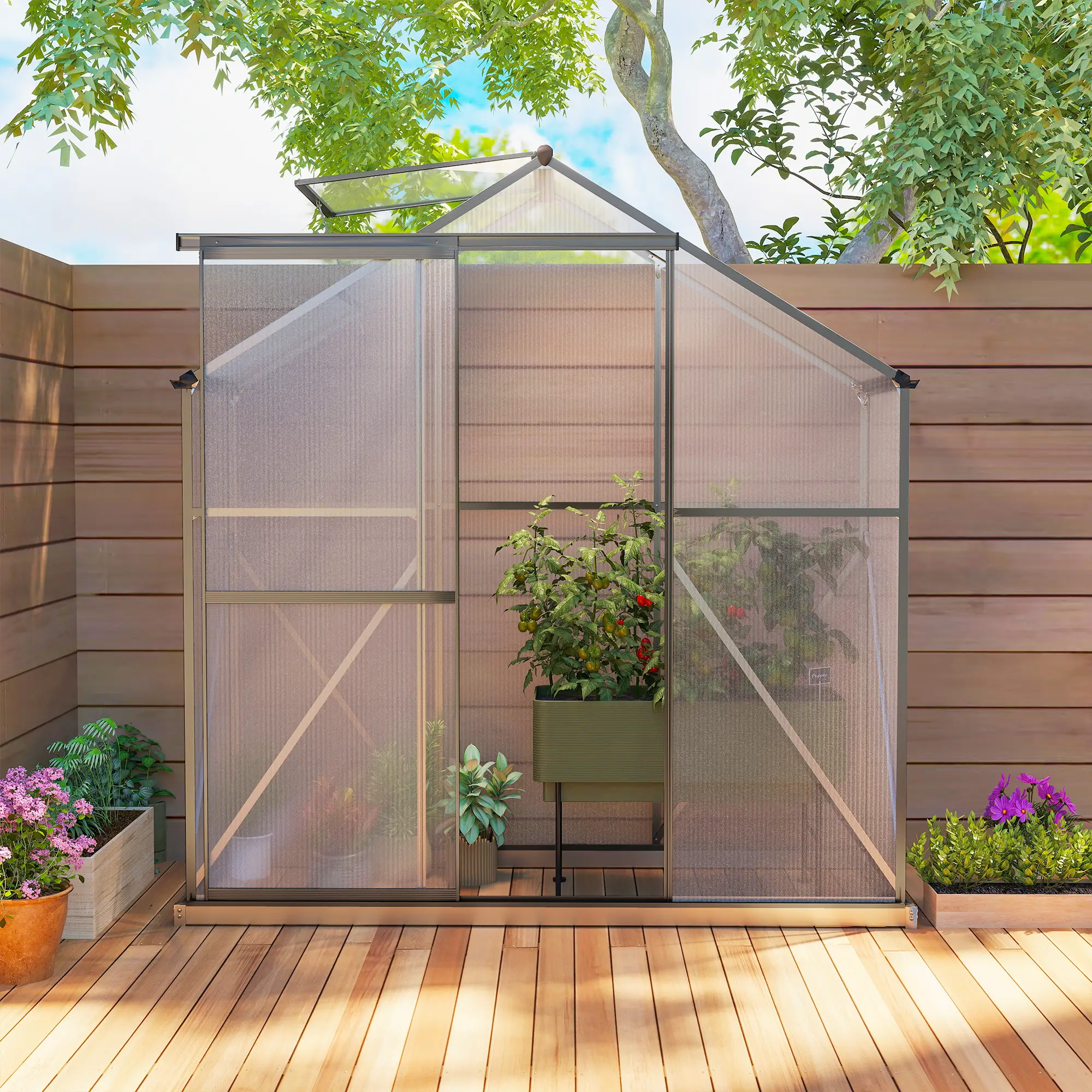 Outsunny 6 x 2.5ft Polycarbonate Greenhouse, Dark Grey - Image 9