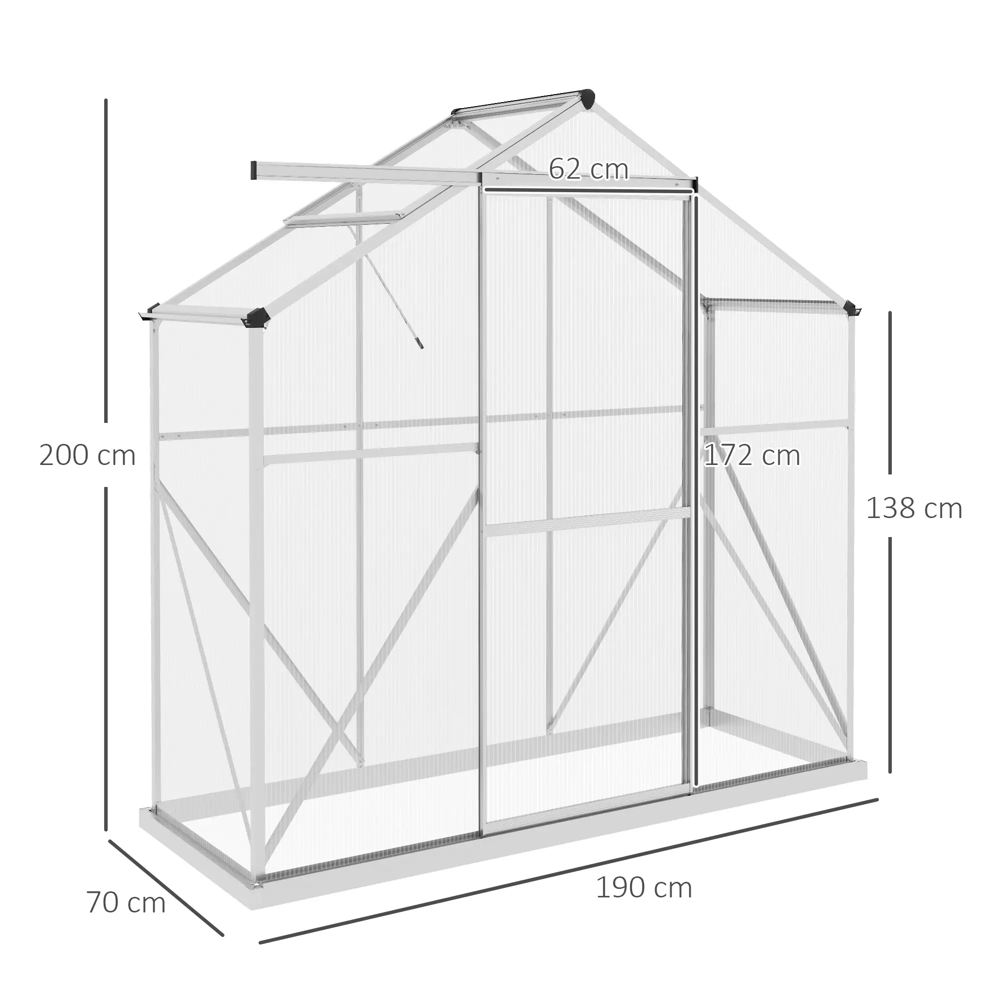 Outsunny 6 x 2.5ft Polycarbonate Greenhouse, Silver - Image 3