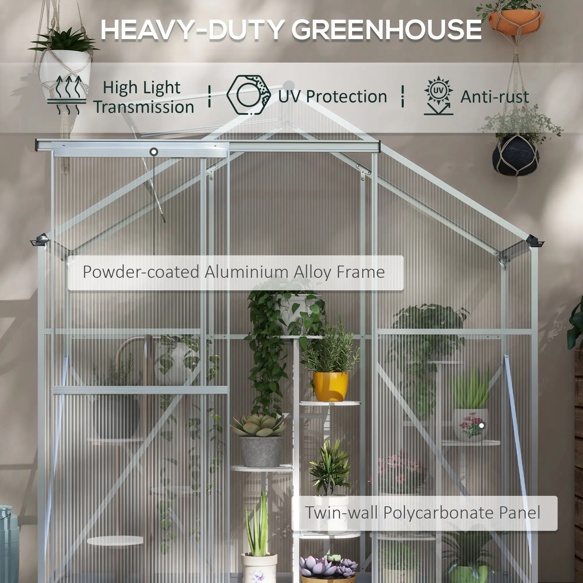 Outsunny 6 x 2.5ft Polycarbonate Greenhouse, Silver - Image 4