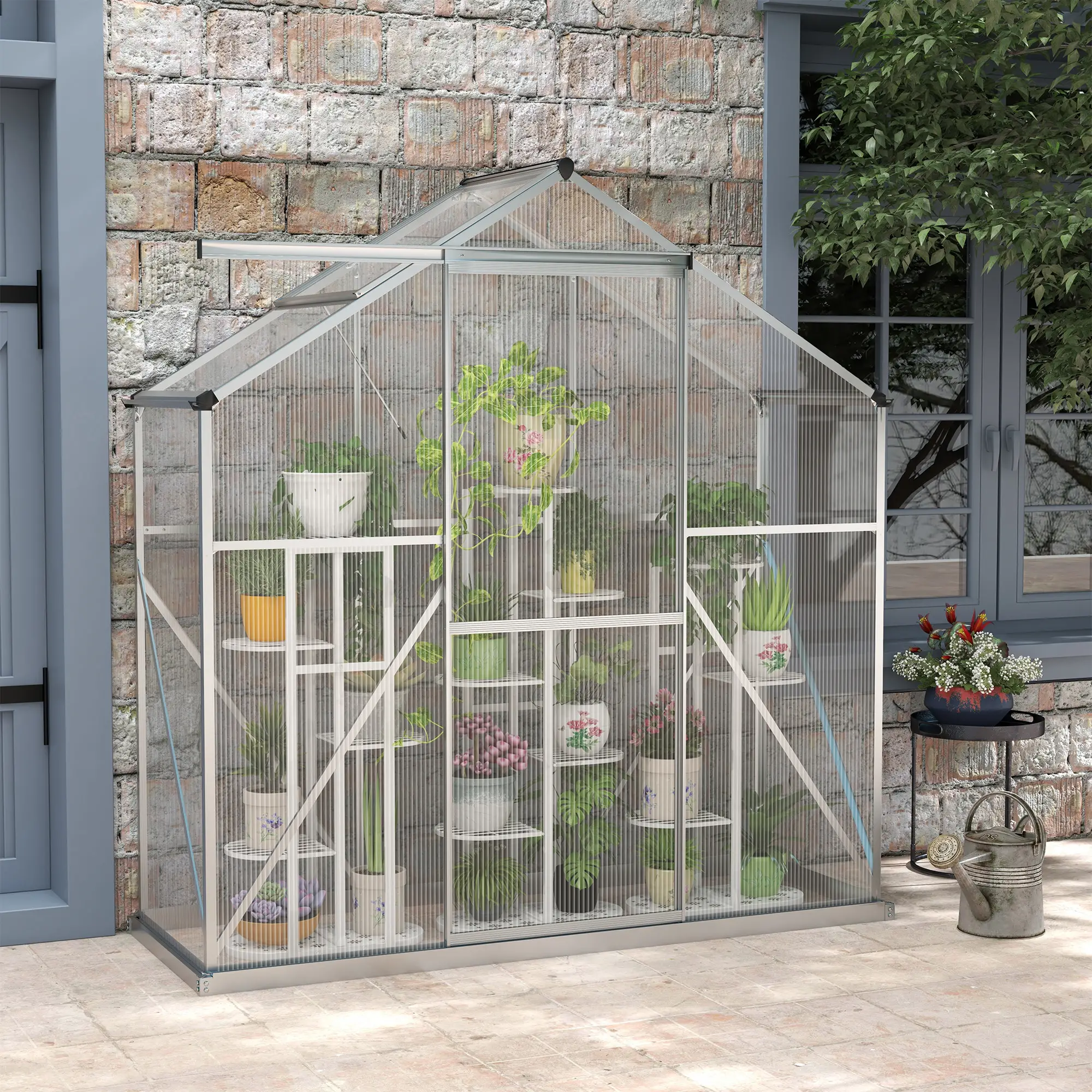 Outsunny 6 x 2.5ft Polycarbonate Greenhouse, Silver - Image 10
