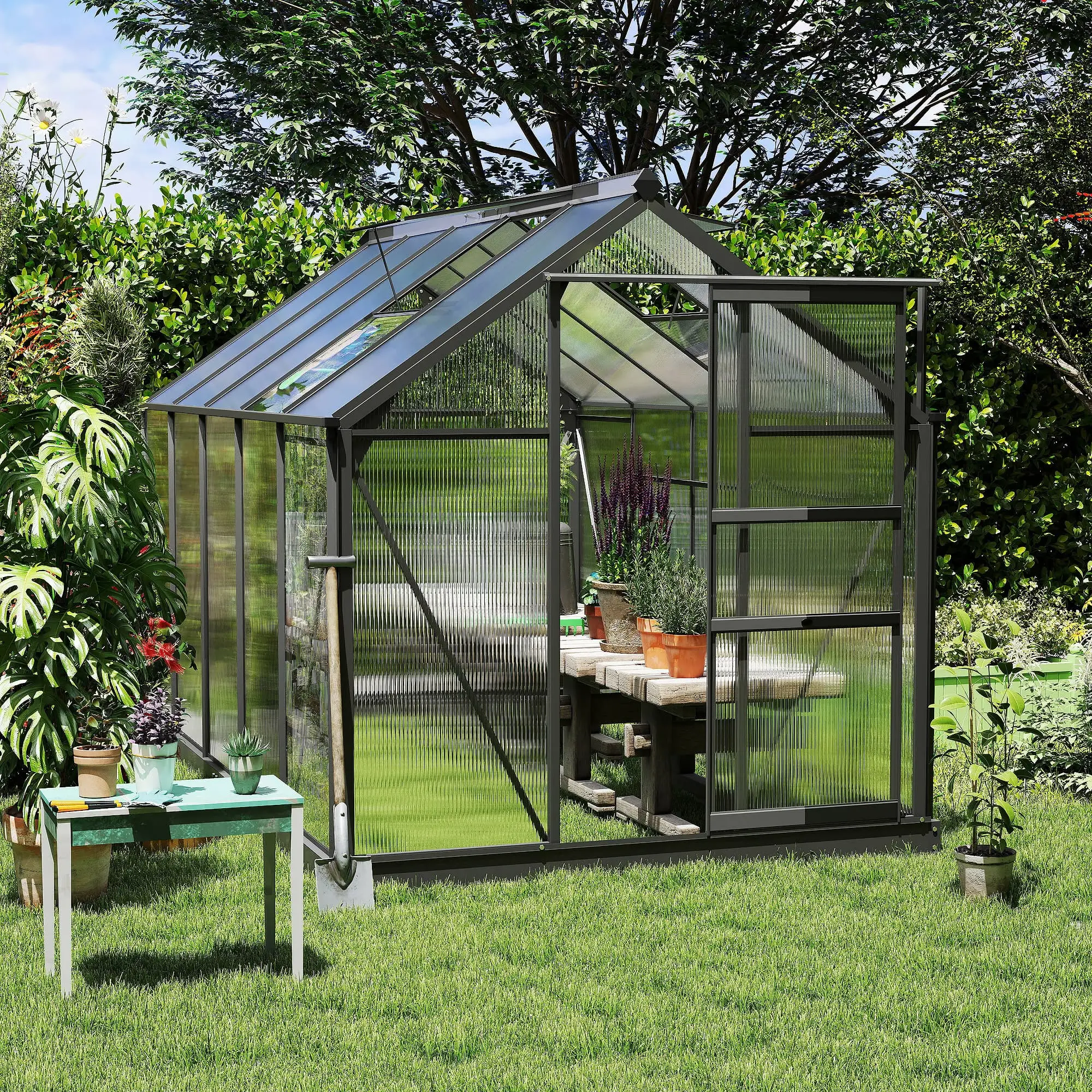 Outsunny 6 x 10ft Polycarbonate Greenhouse, Grey - Image 2