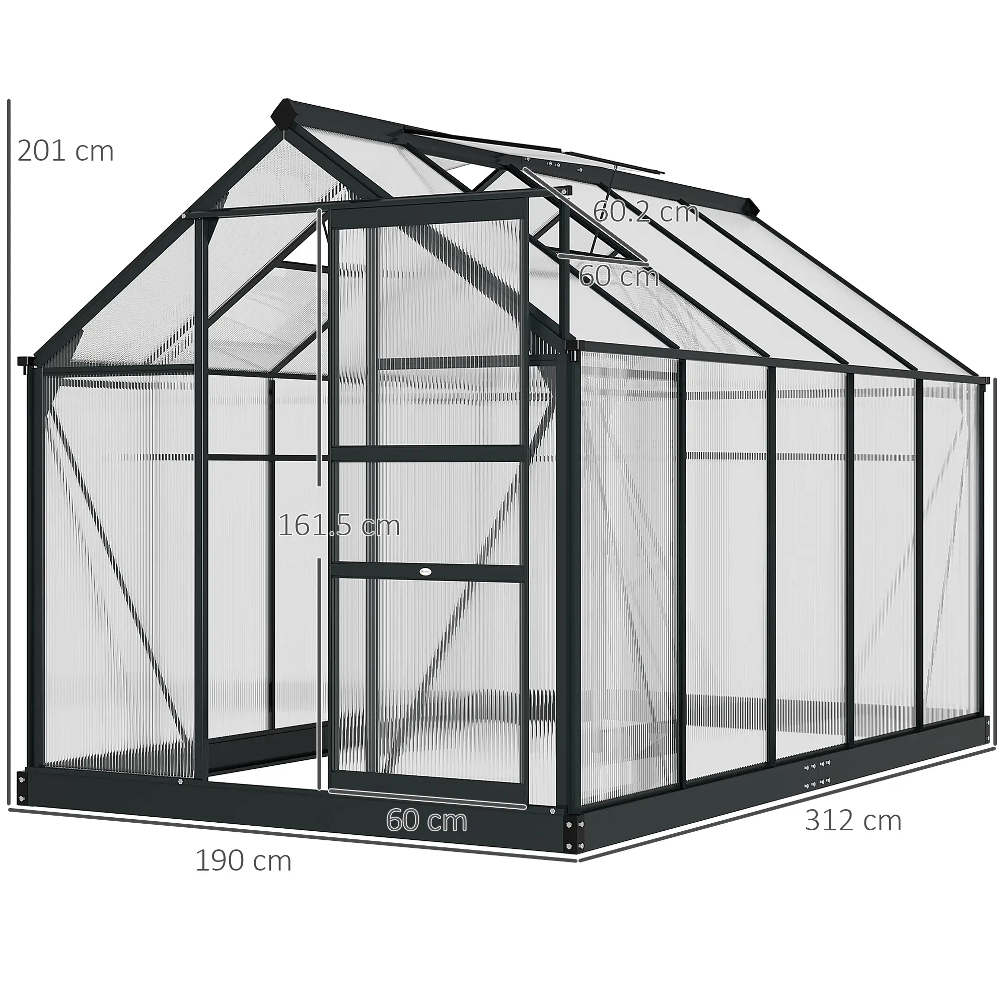Outsunny 6 x 10ft Polycarbonate Greenhouse, Grey - Image 3