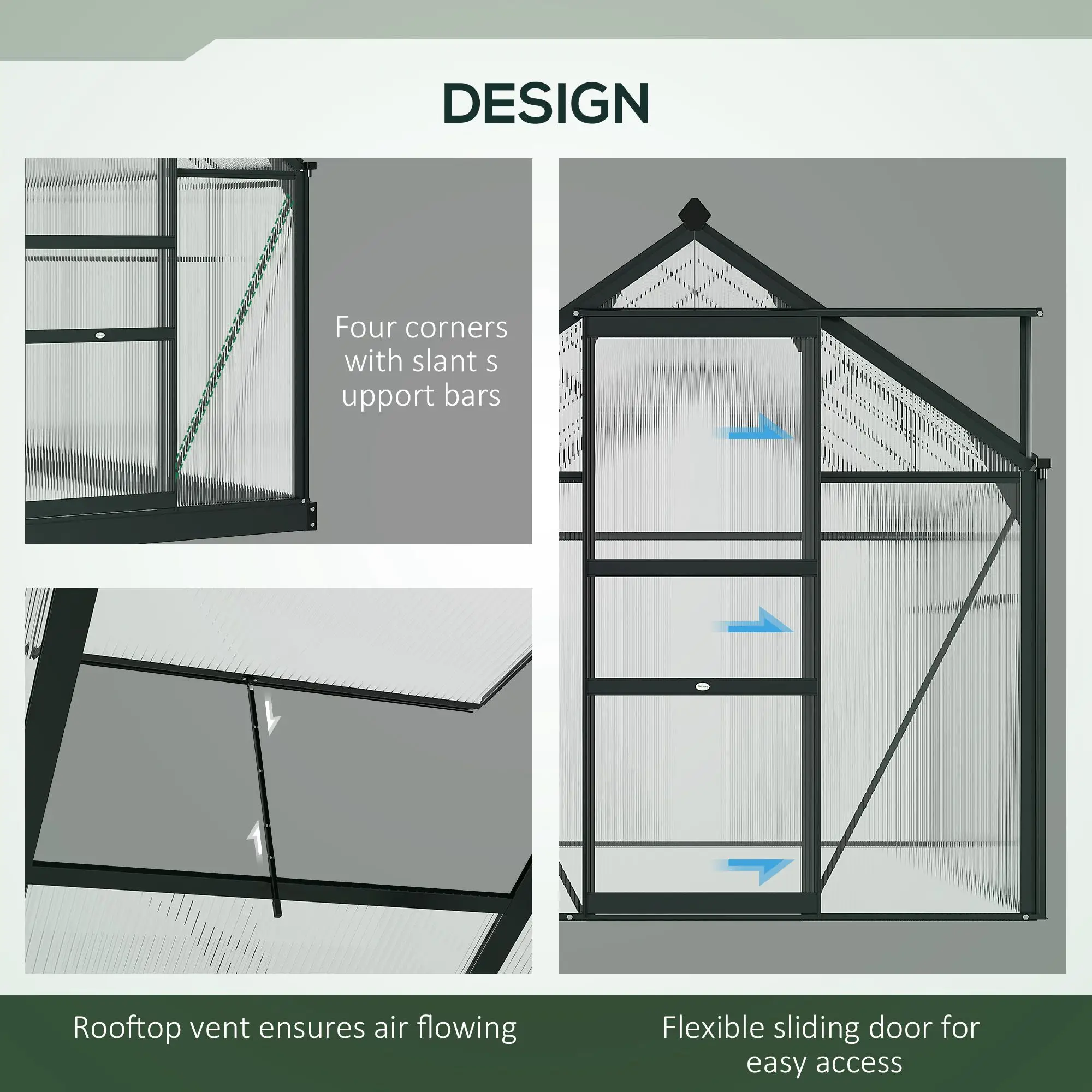 Outsunny 6 x 10ft Polycarbonate Greenhouse, Grey - Image 4