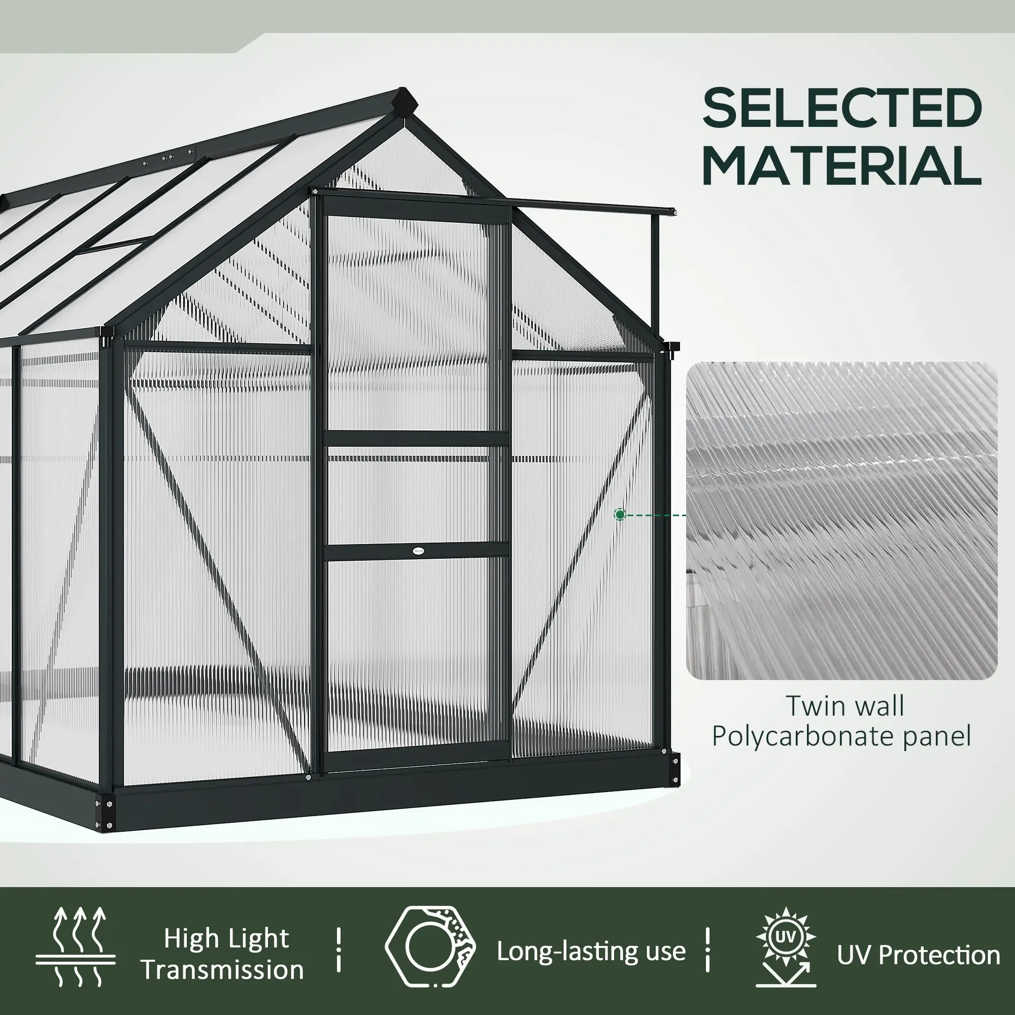 Outsunny 6 x 10ft Polycarbonate Greenhouse, Grey - Image 5