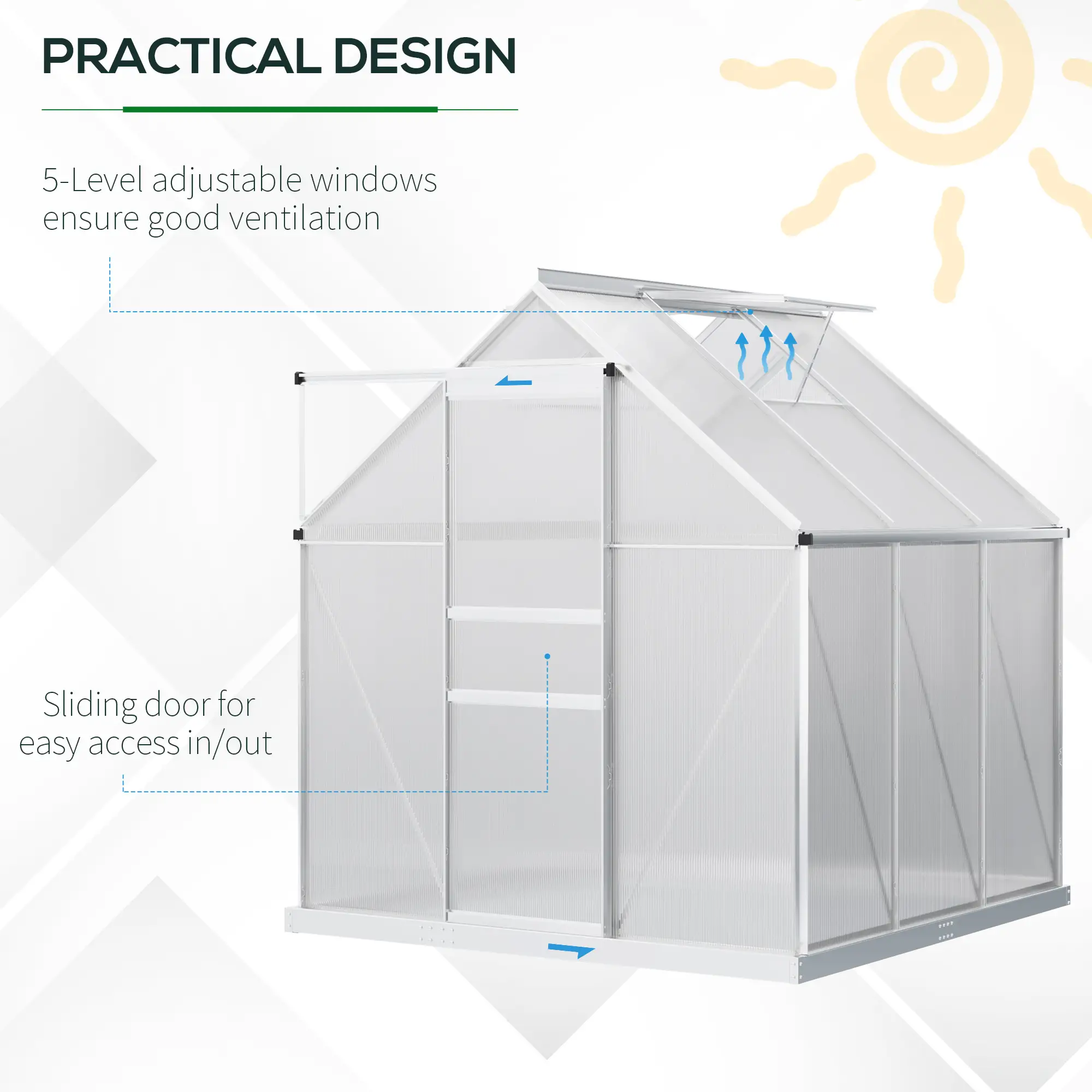 Outsunny 190 x 190cm Polycarbonate Greenhouse, Silver - Image 5