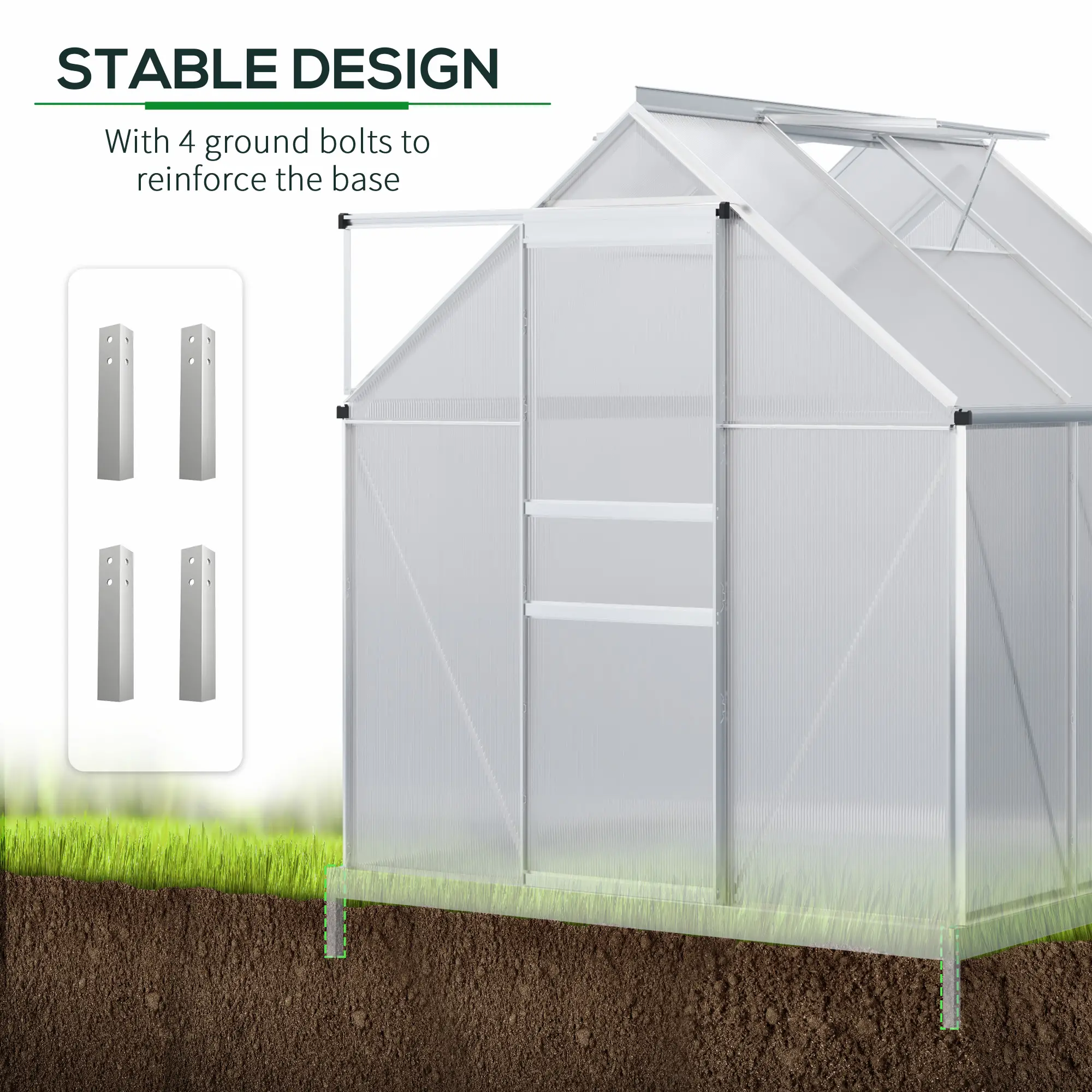 Outsunny 190 x 190cm Polycarbonate Greenhouse, Silver - Image 6