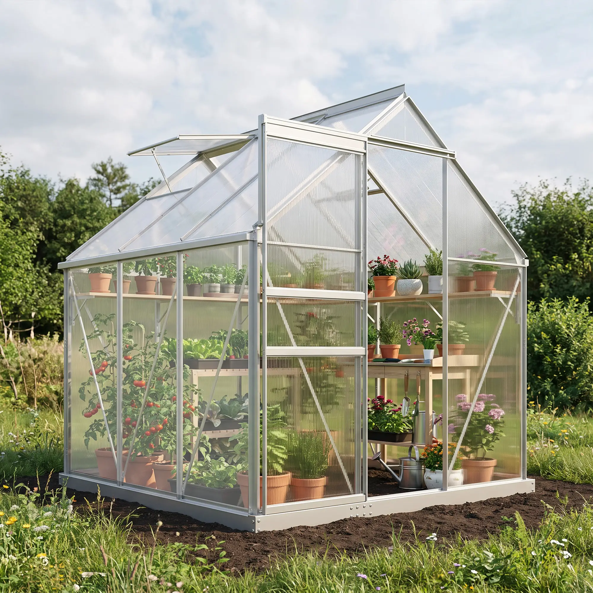 Outsunny 190 x 190cm Polycarbonate Greenhouse, Silver - Image 9
