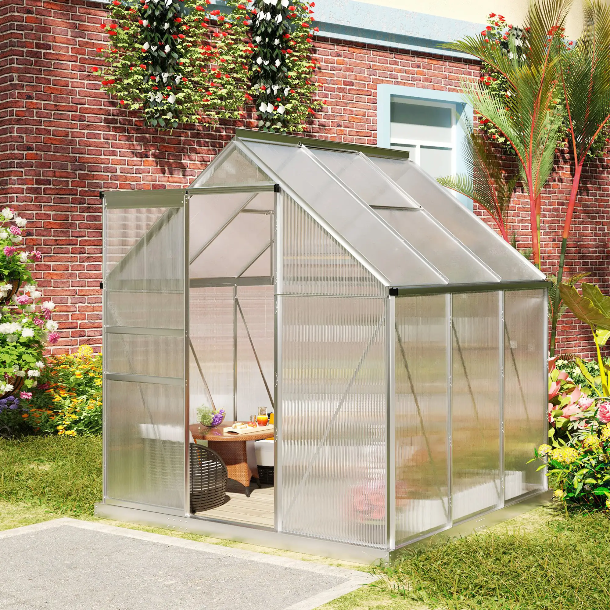 Outsunny 190 x 190cm Polycarbonate Greenhouse, Silver - Image 14