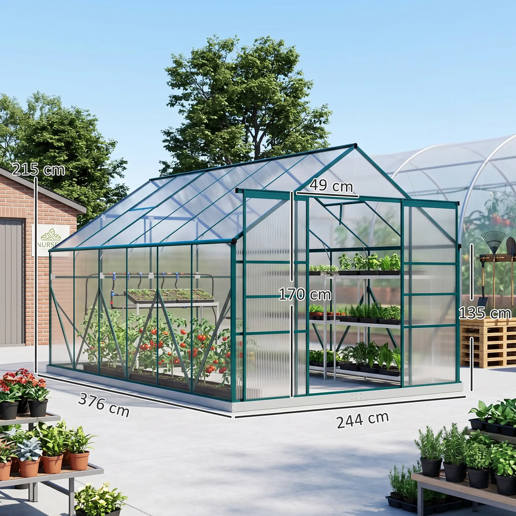 Outsunny 8 x 12ft Polycarbonate Greenhouse, Green - Image 3