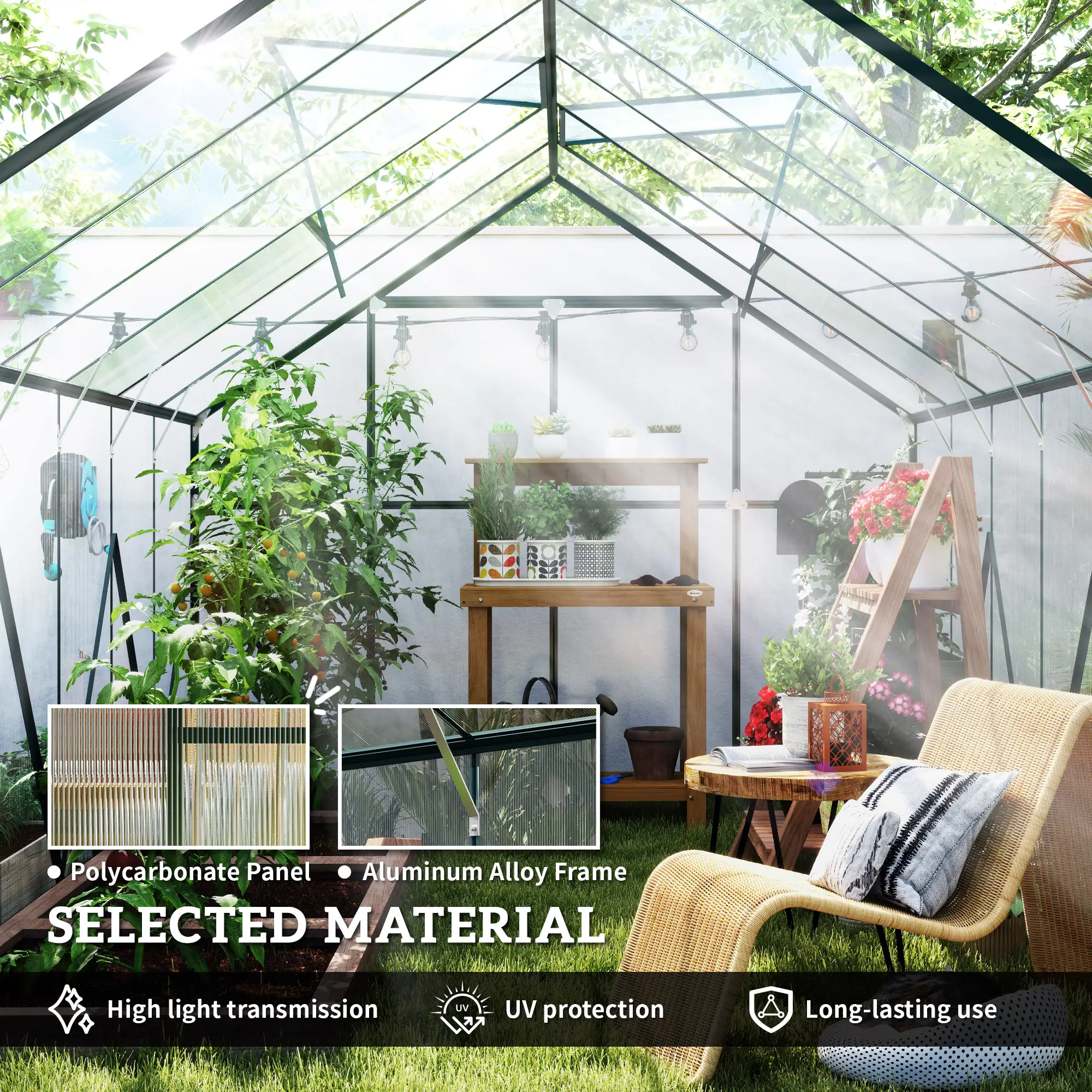 Outsunny 8 x 12ft Polycarbonate Greenhouse, Green - Image 4