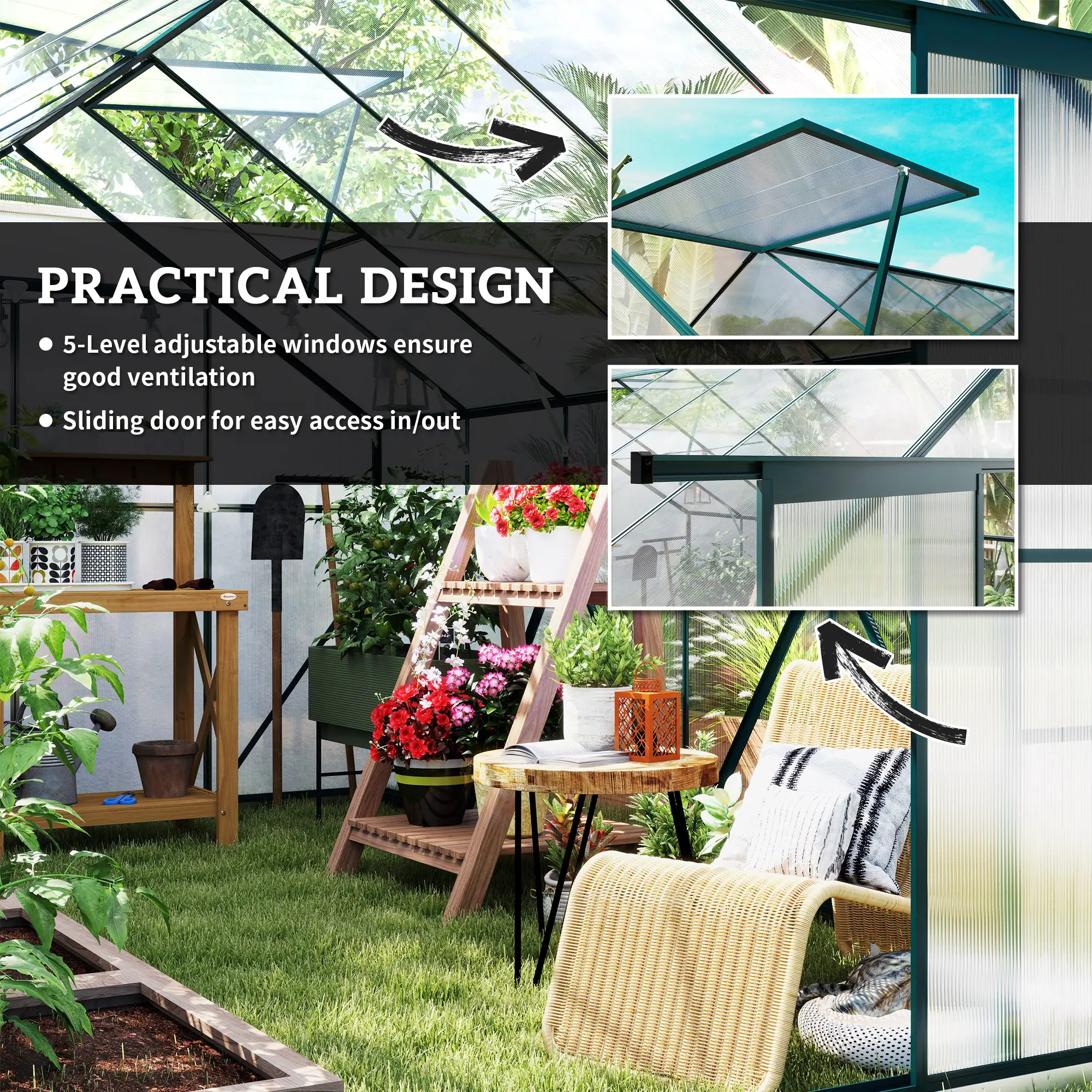 Outsunny 8 x 12ft Polycarbonate Greenhouse, Green - Image 5