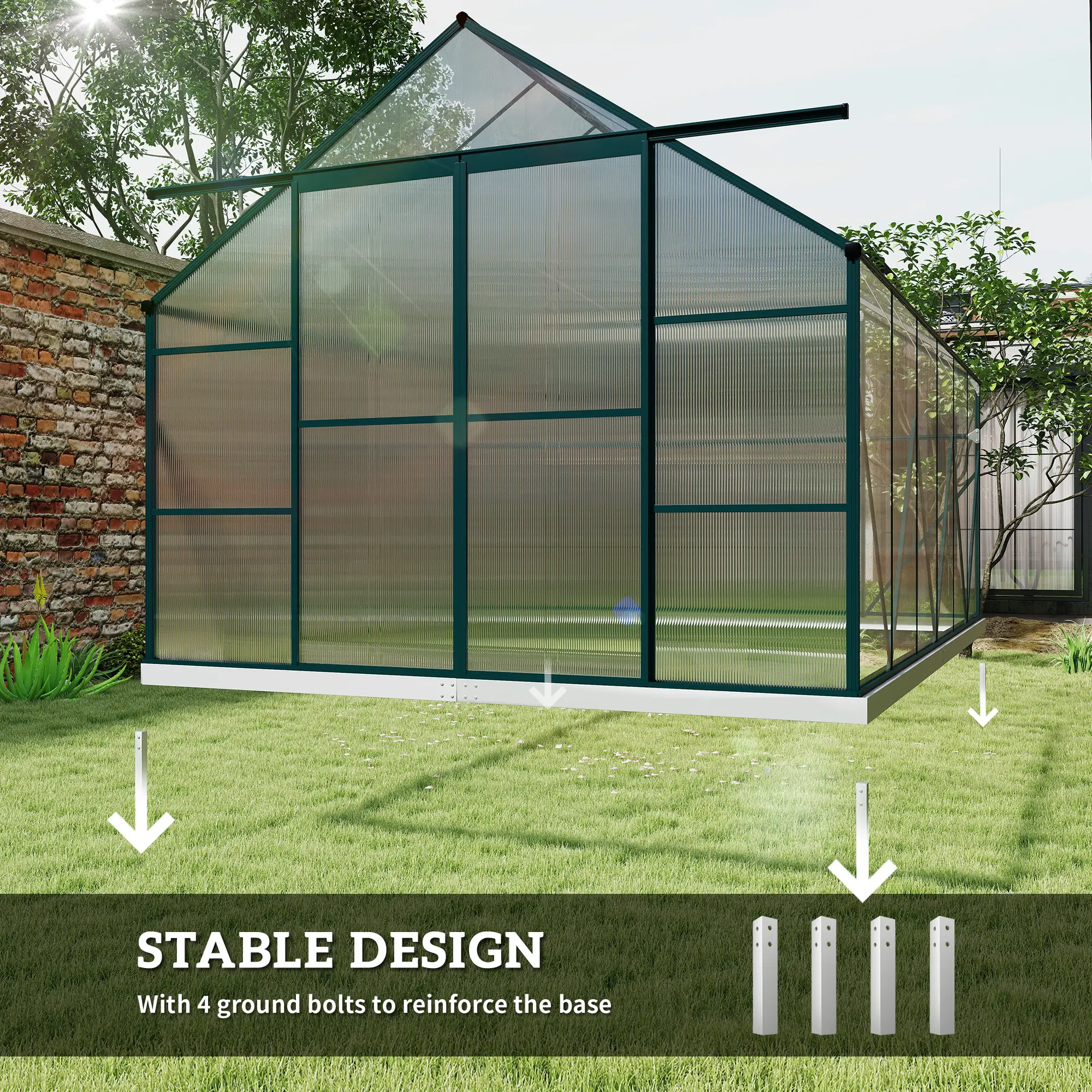 Outsunny 8 x 12ft Polycarbonate Greenhouse, Green - Image 6