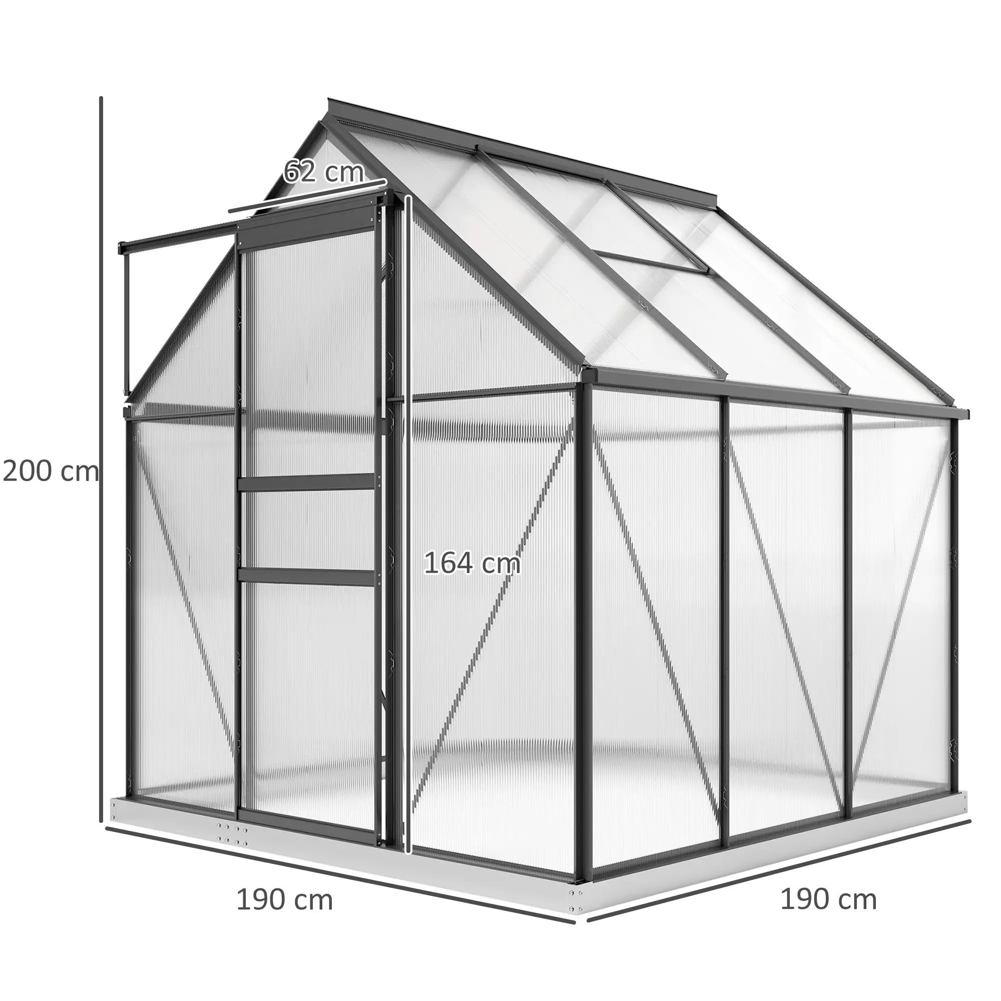 Outsunny 190 x 190cm Polycarbonate Greenhouse, Grey - Image 3