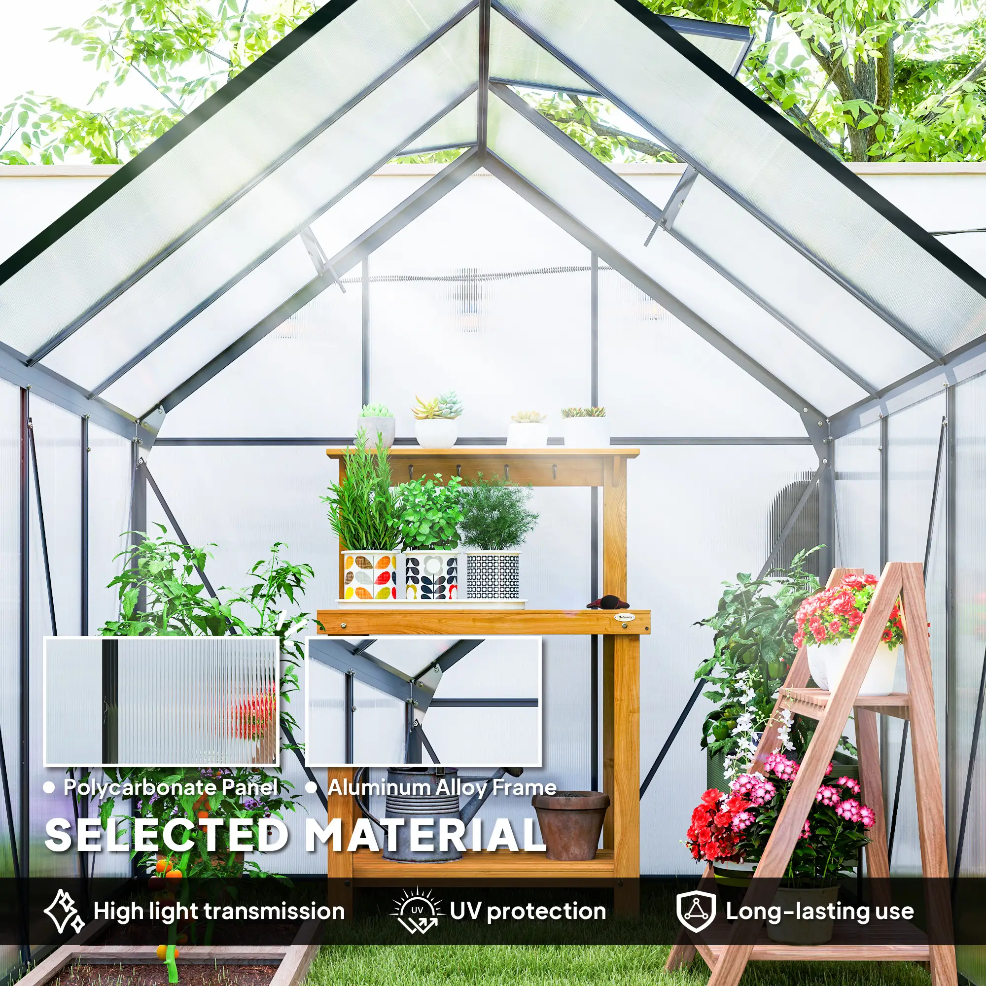 Outsunny 190 x 190cm Polycarbonate Greenhouse, Grey - Image 4