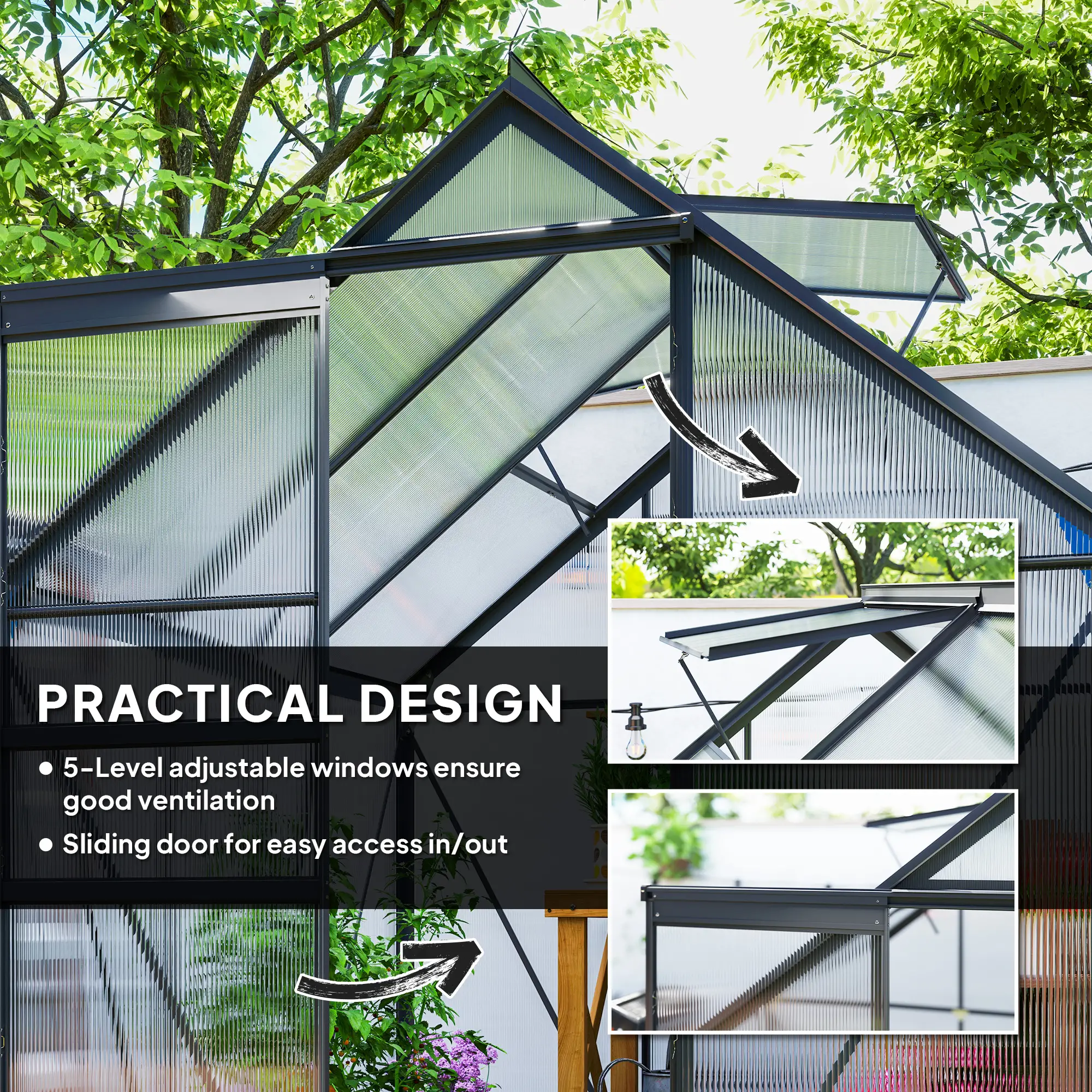 Outsunny 190 x 190cm Polycarbonate Greenhouse, Grey - Image 5