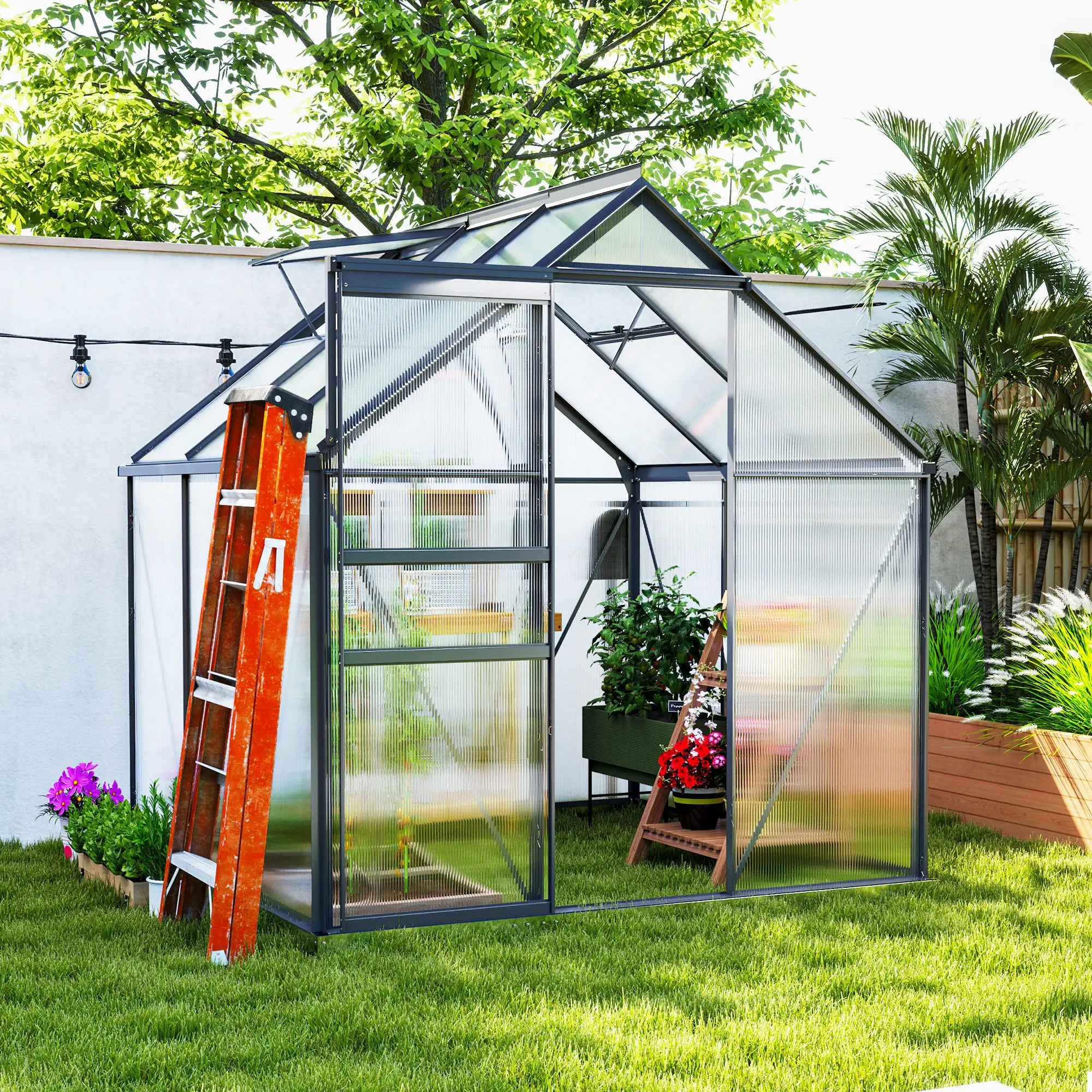 Outsunny 190 x 190cm Polycarbonate Greenhouse, Grey - Image 10