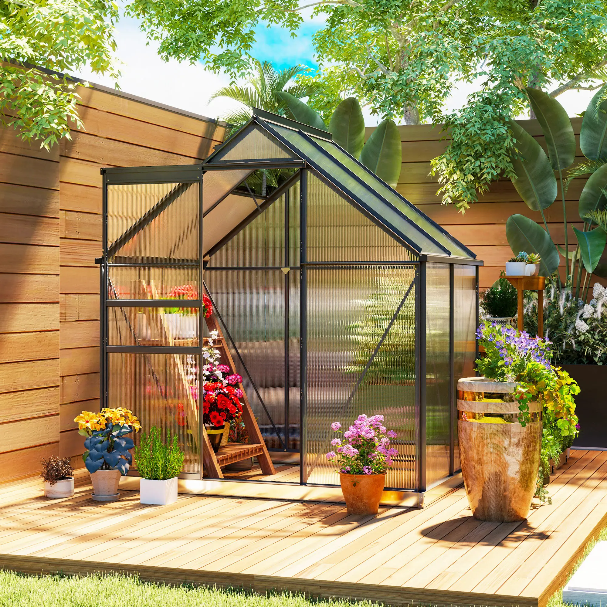 Outsunny 192.5 x 131cm Polycarbonate Greenhouse, Grey - Image 2