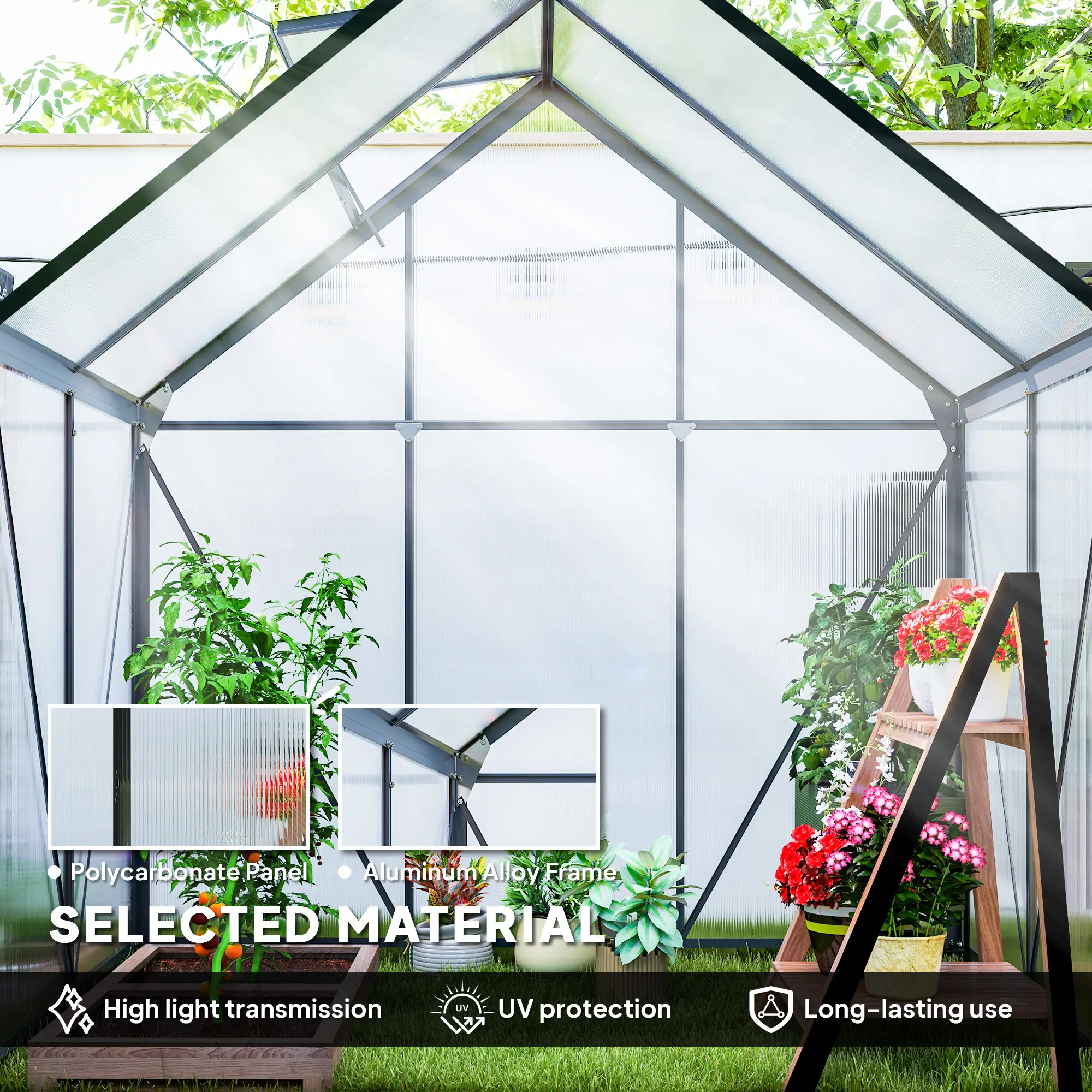 Outsunny 192.5 x 131cm Polycarbonate Greenhouse, Grey - Image 4