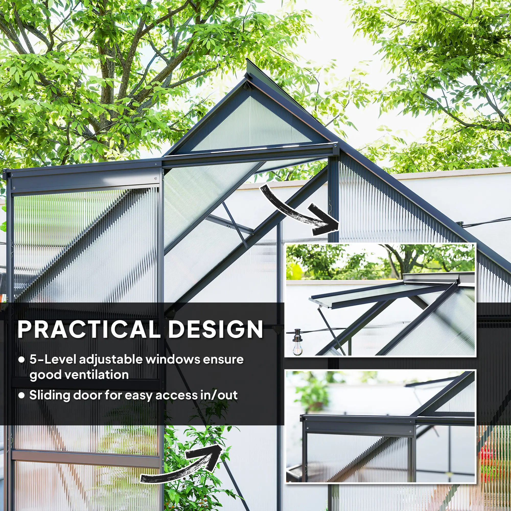 Outsunny 192.5 x 131cm Polycarbonate Greenhouse, Grey - Image 5