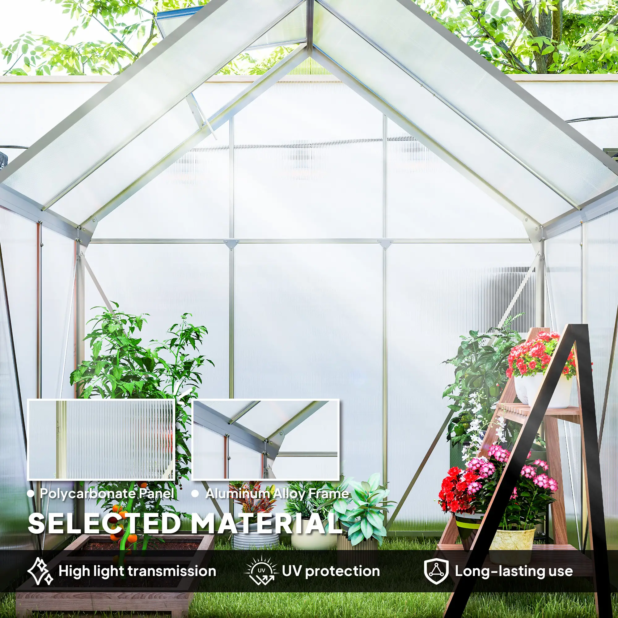 Outsunny 192.5 x 131cm Polycarbonate Greenhouse, Silver - Image 4