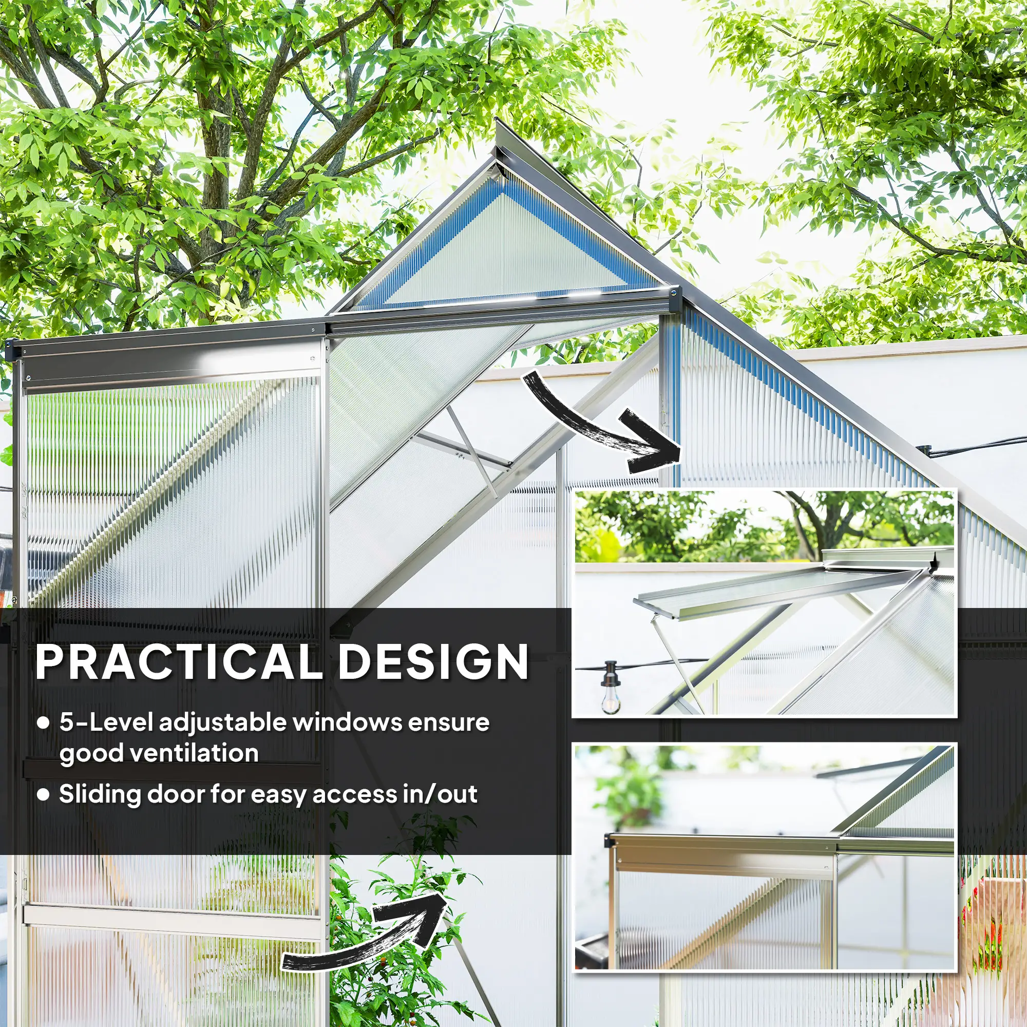 Outsunny 192.5 x 131cm Polycarbonate Greenhouse, Silver - Image 5