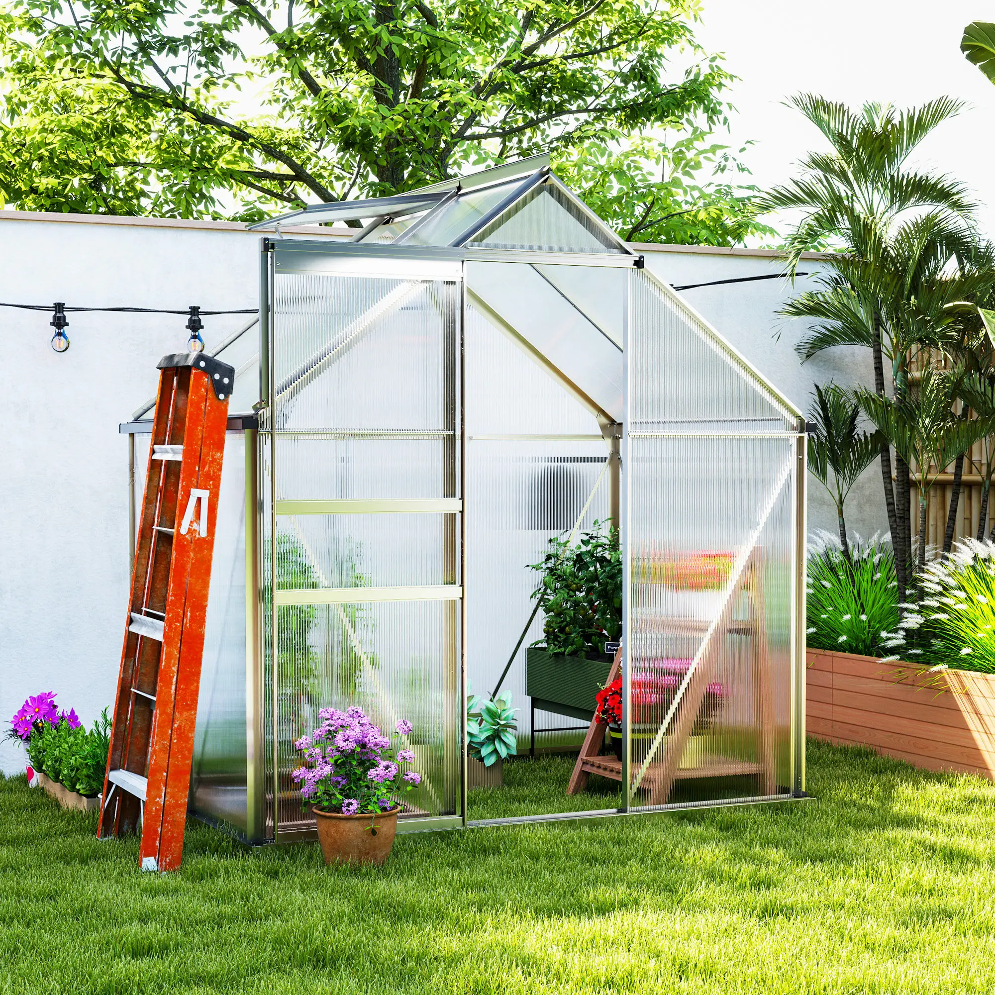 Outsunny 192.5 x 131cm Polycarbonate Greenhouse, Silver - Image 10