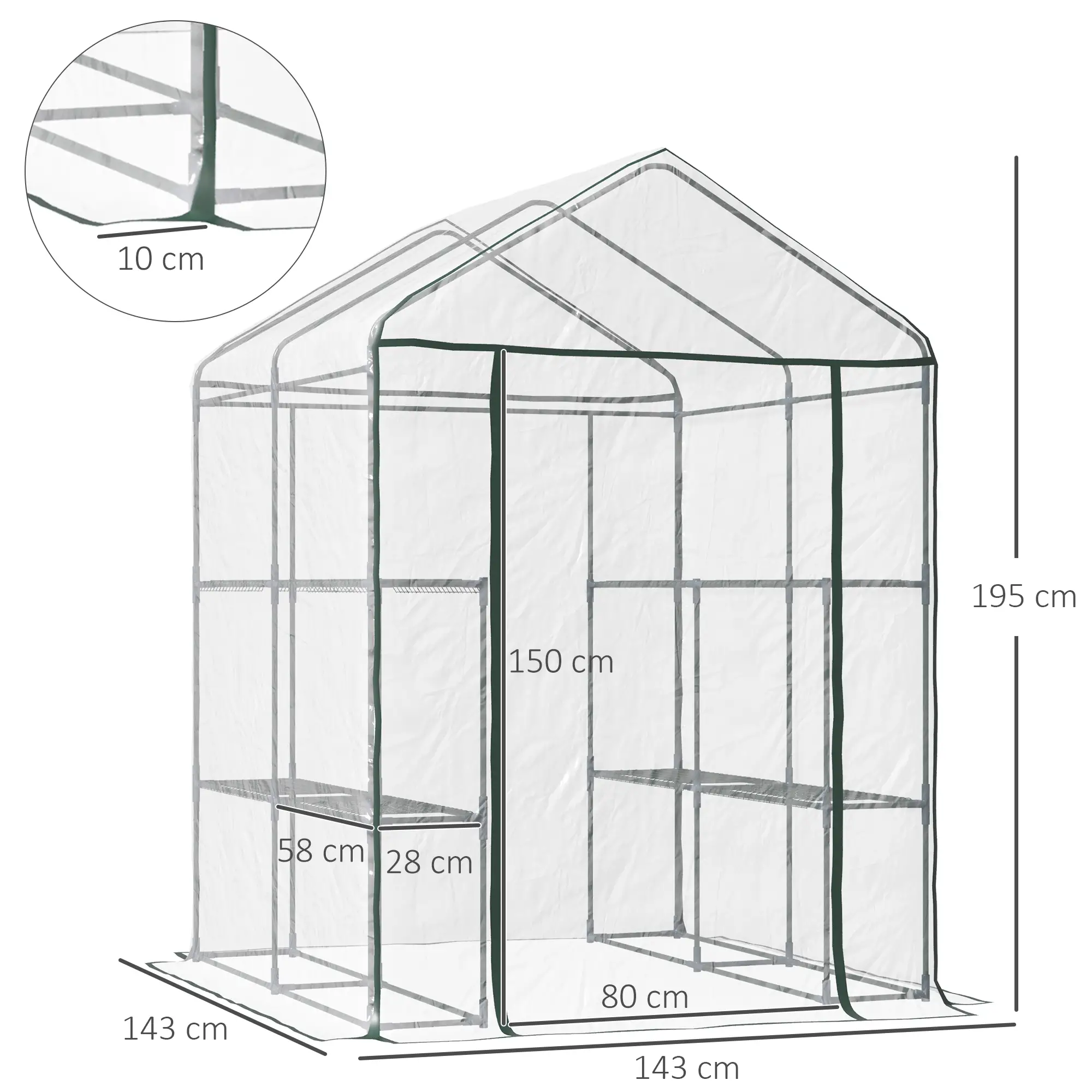 Outsunny 143 x 143cm Walk-in Greenhouse, Green / Clear - Image 3