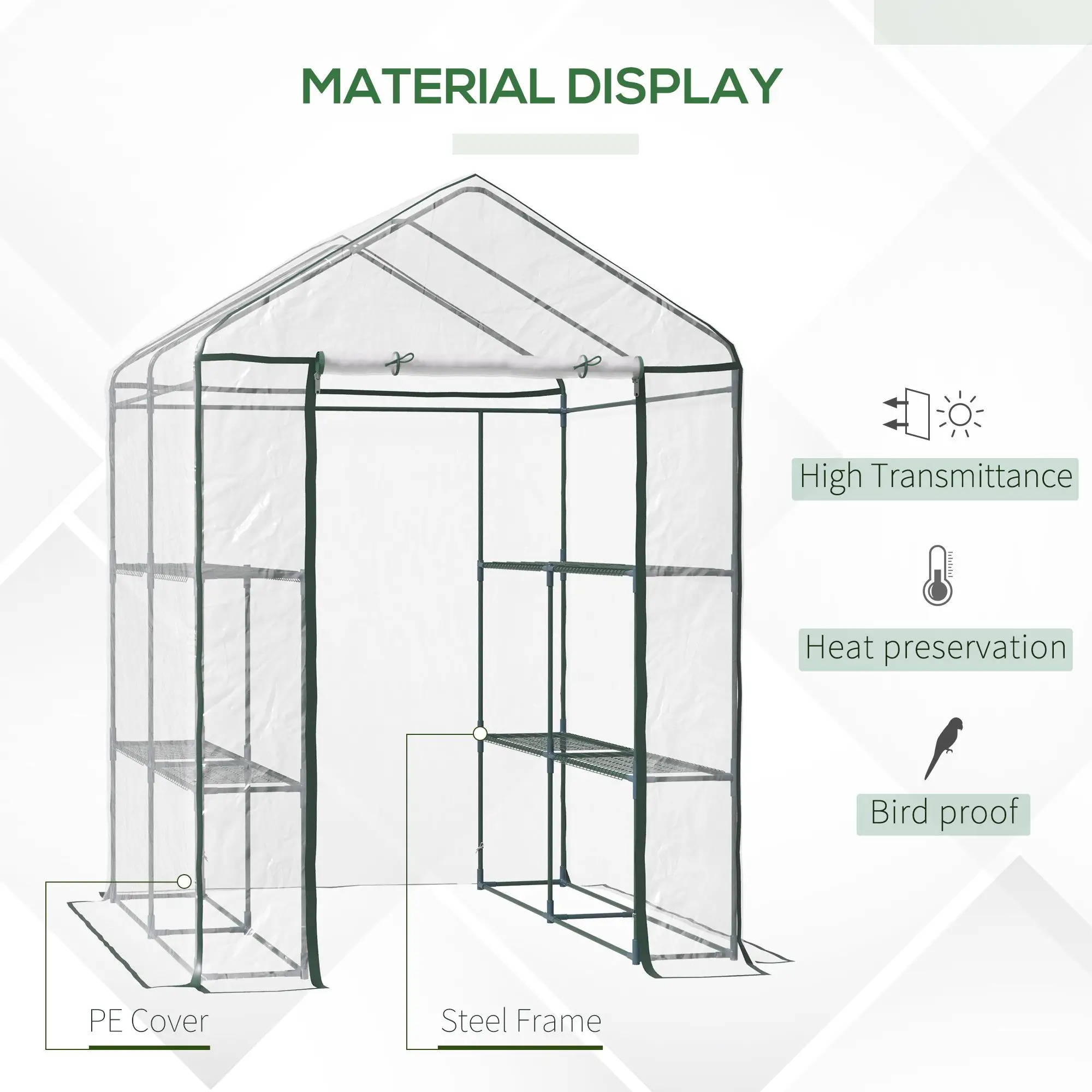Outsunny 143 x 143cm Walk-in Greenhouse, Green / Clear - Image 4