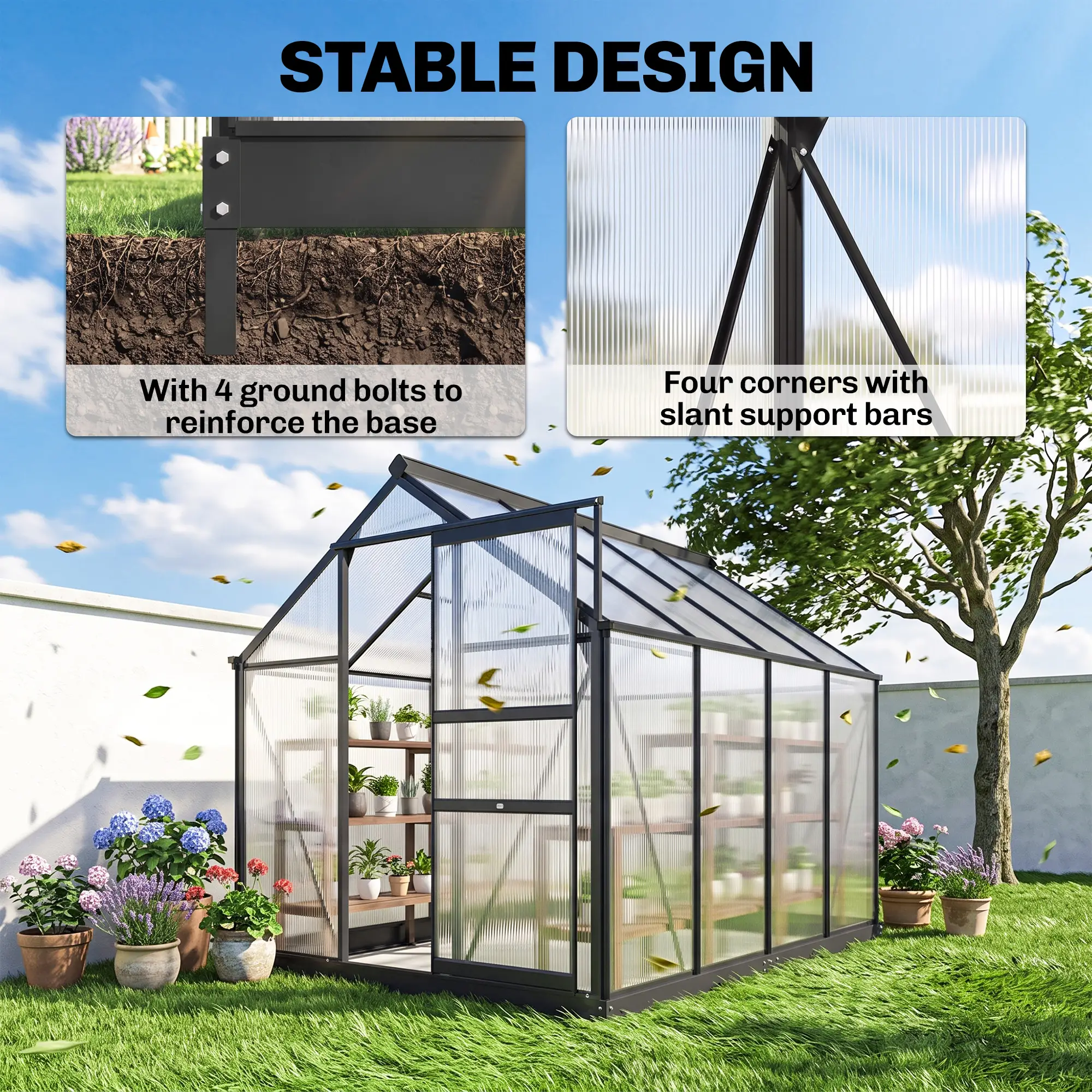 Outsunny 6 x 8ft Polycarbonate Greenhouse, Grey - Image 7