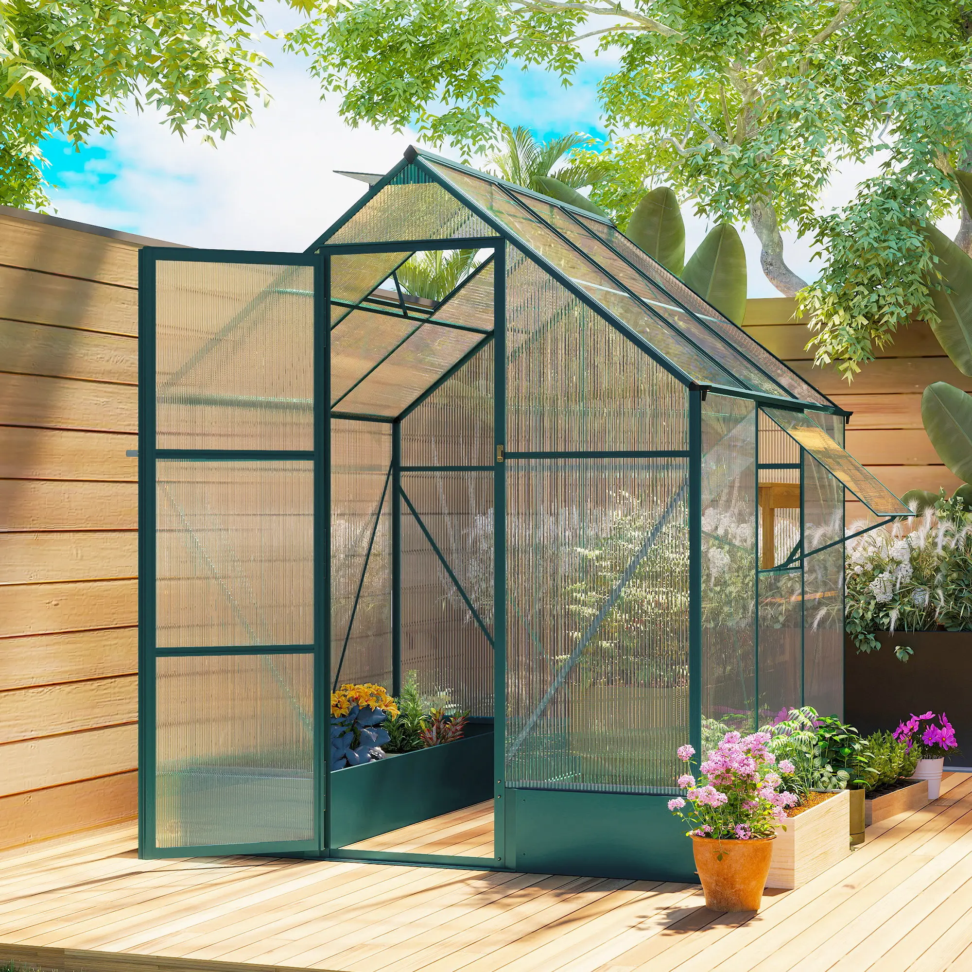 Outsunny 6 x 6ft Polycarbonate Greenhouse, Green - Image 2